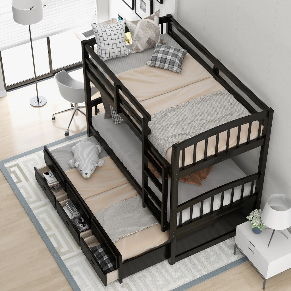 Twin over Twin Wood Bunk Bed Trundle Drawers Espresso