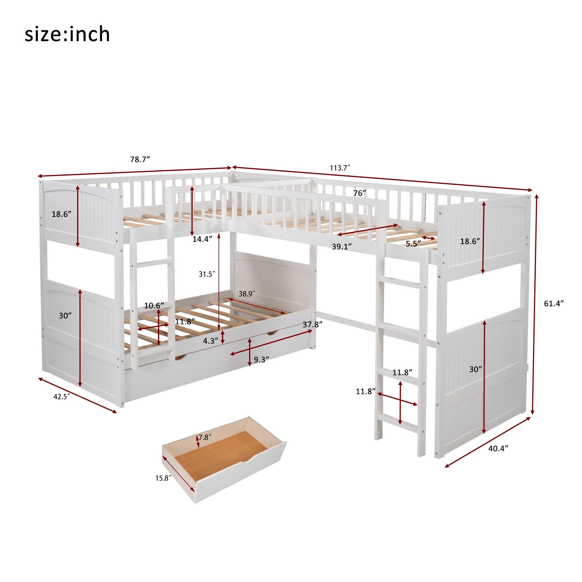 White Twin Size Bunk Bed with attached Loft Bed and Drawers