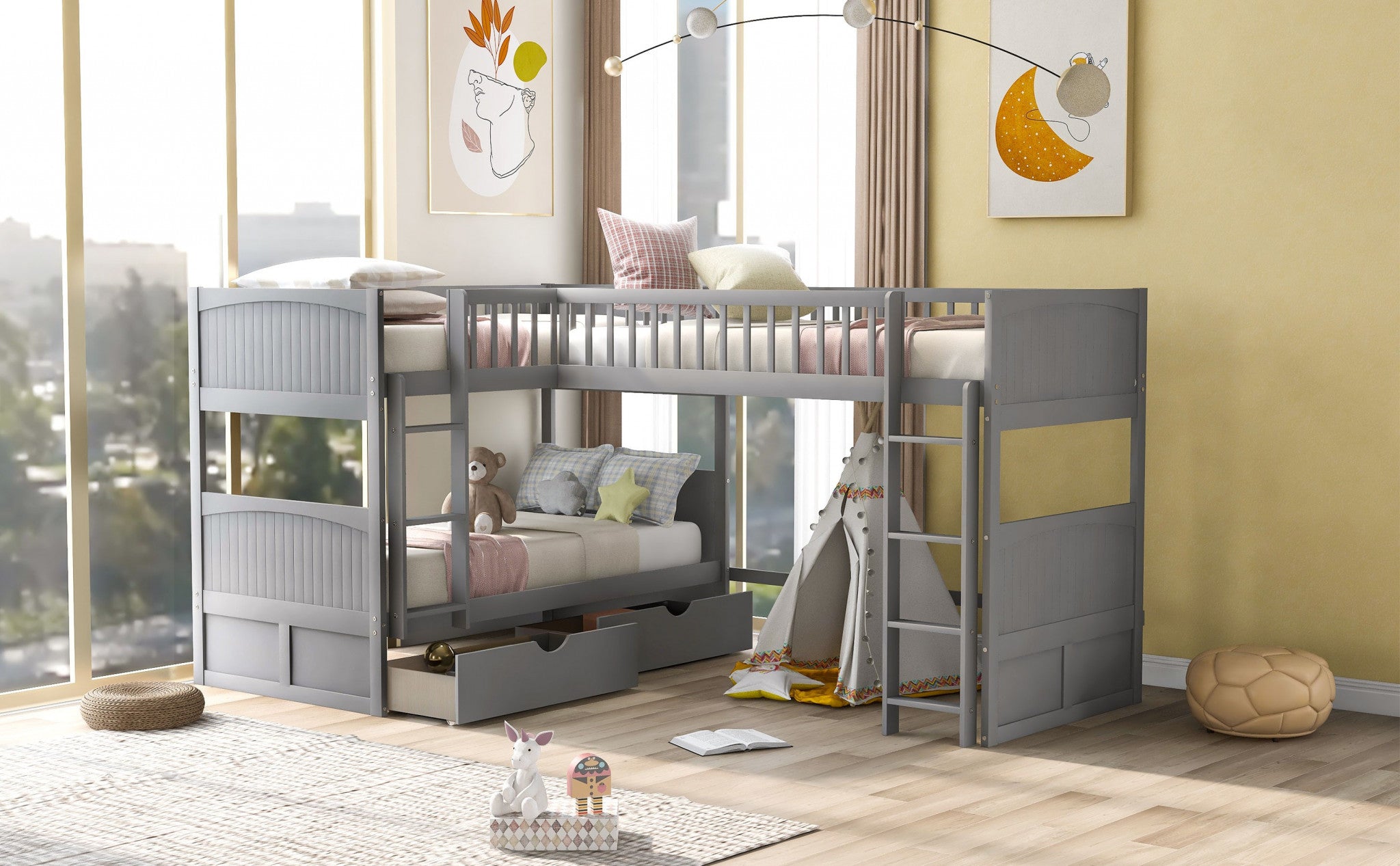 Gray Twin Size Bunk Bed with attached Loft Bed and Drawers