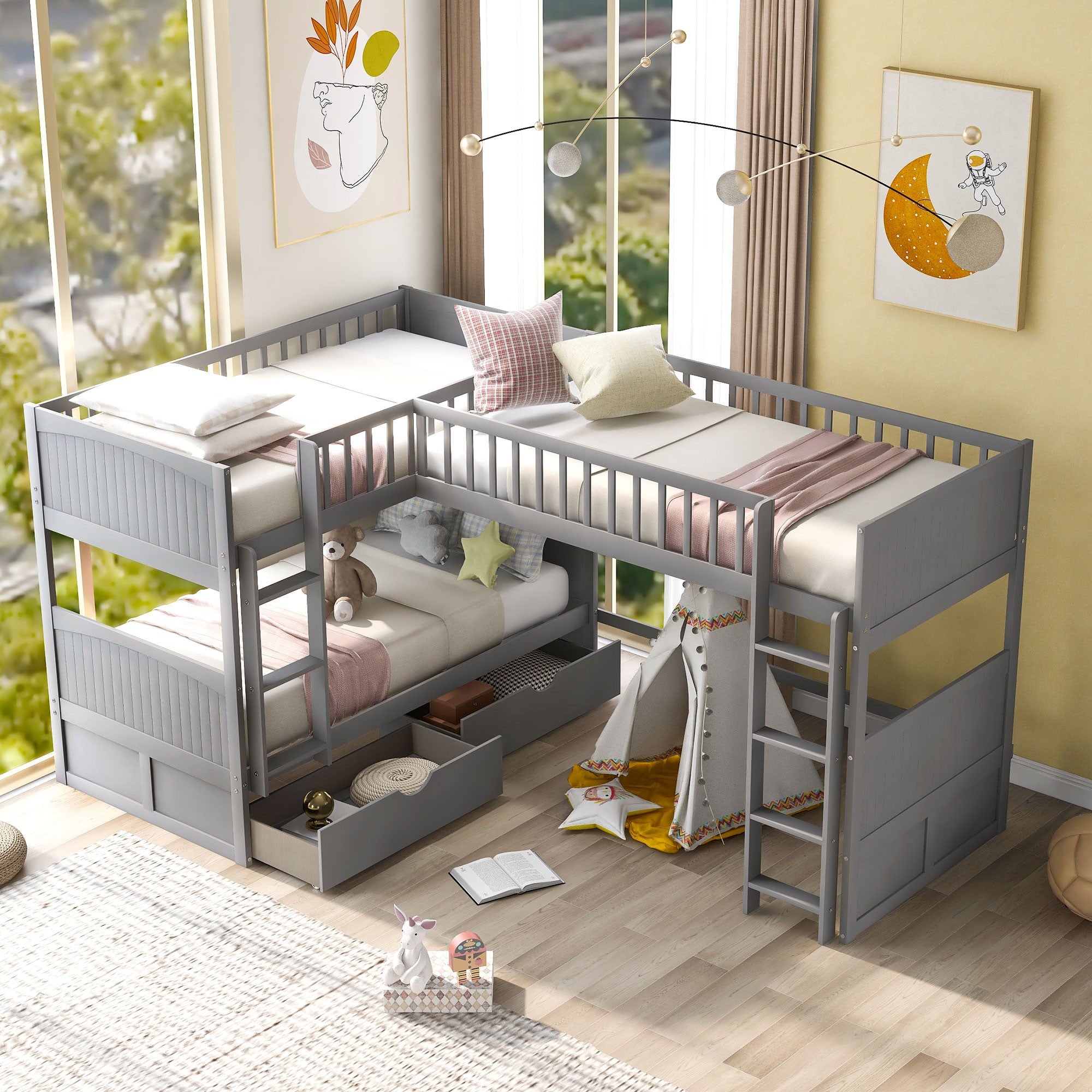 Gray Twin Size Bunk Bed with attached Loft Bed and Drawers