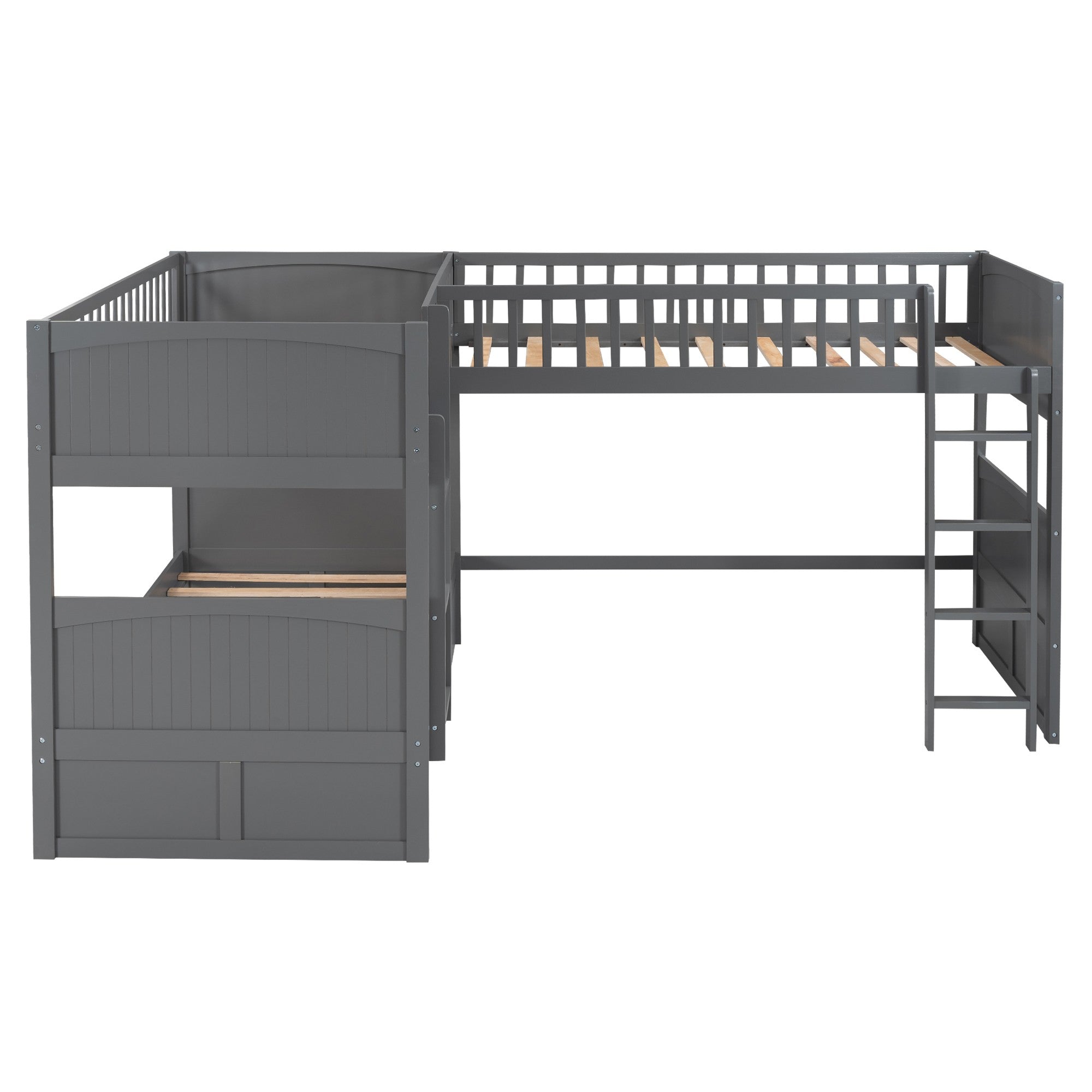 Gray Twin Size Bunk Bed with attached Loft Bed and Drawers