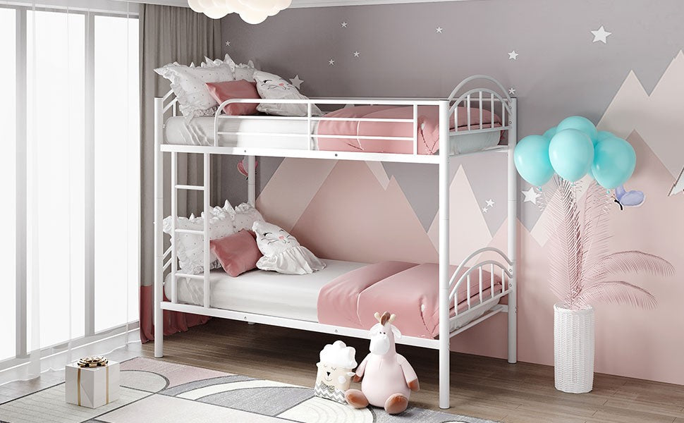 White Modern Classic Twin Over Twin Metal Bunk Bed