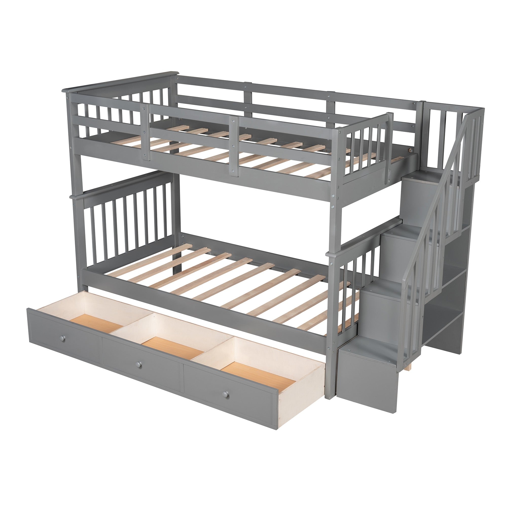 Gray Twin Over Twin Bunk Bed with Stairway and Drawers