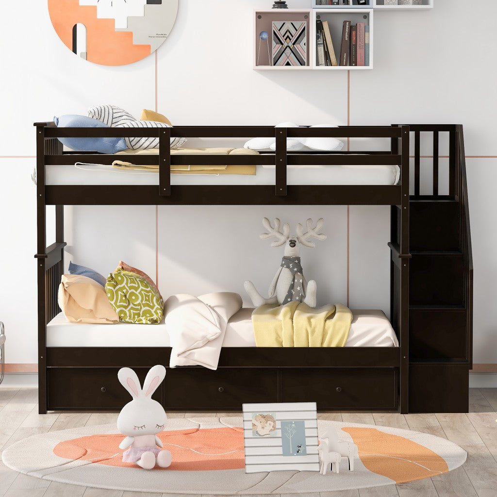 Espresso Twin Over Twin Bunk Bed with Stairway and Drawers