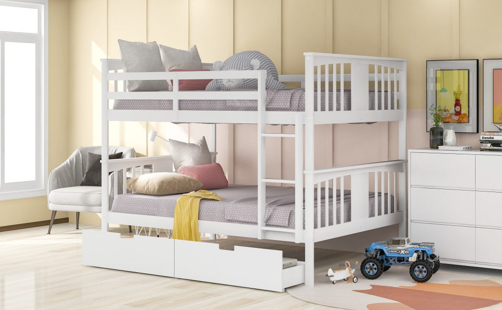 Modern White Full Over Full Bunk Bed with Two Drawers