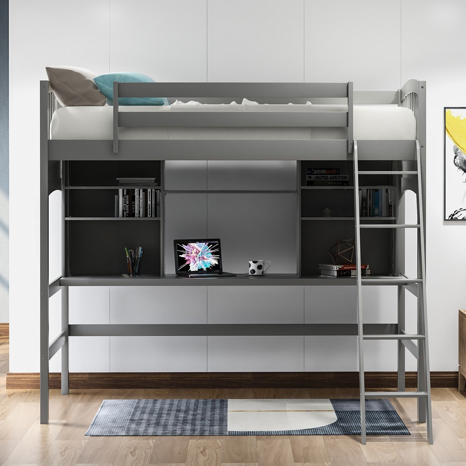 Gray Twin Size Loft Bed with Desk and Shelves