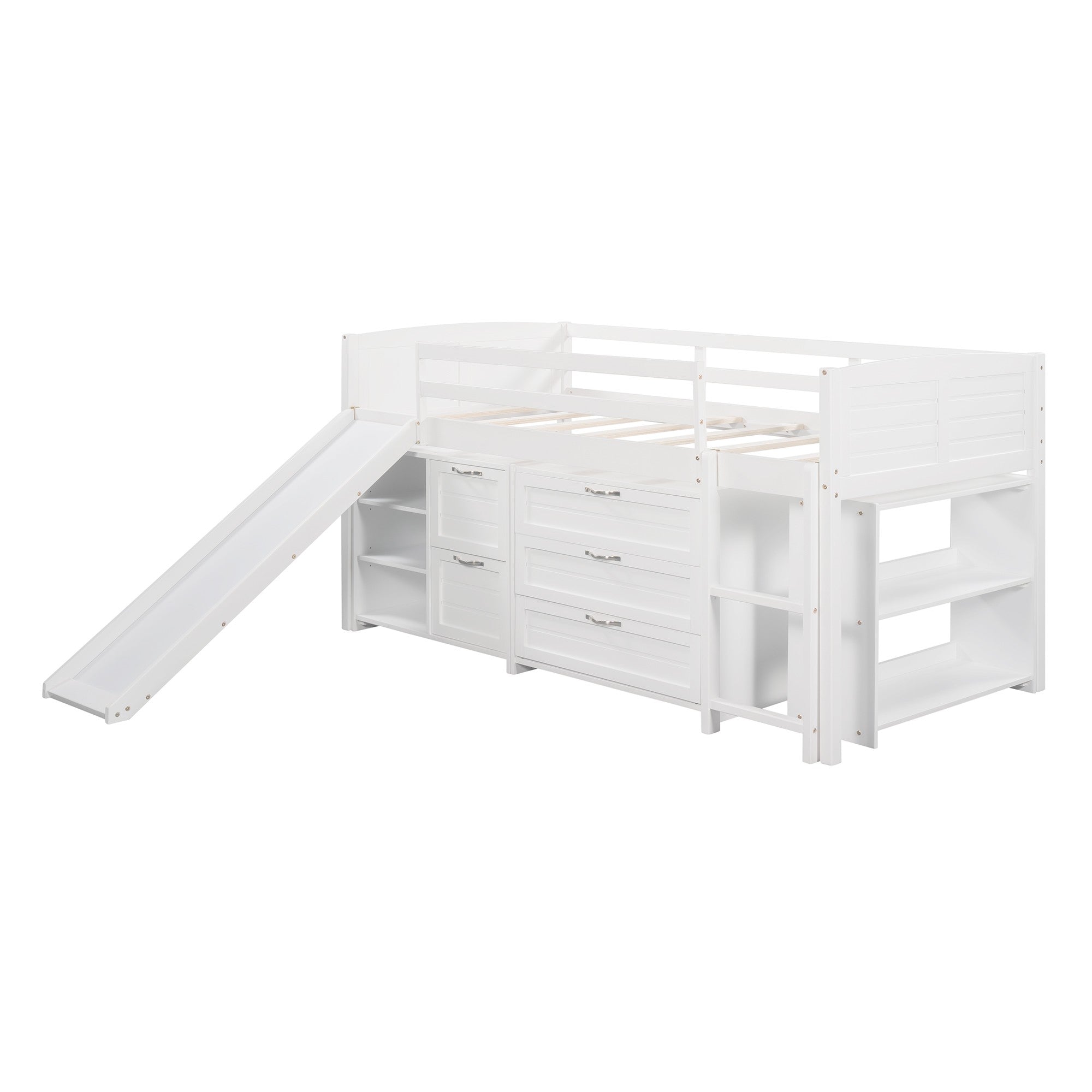 White Twin Size Low Loft Bed With Cabinets and Slide