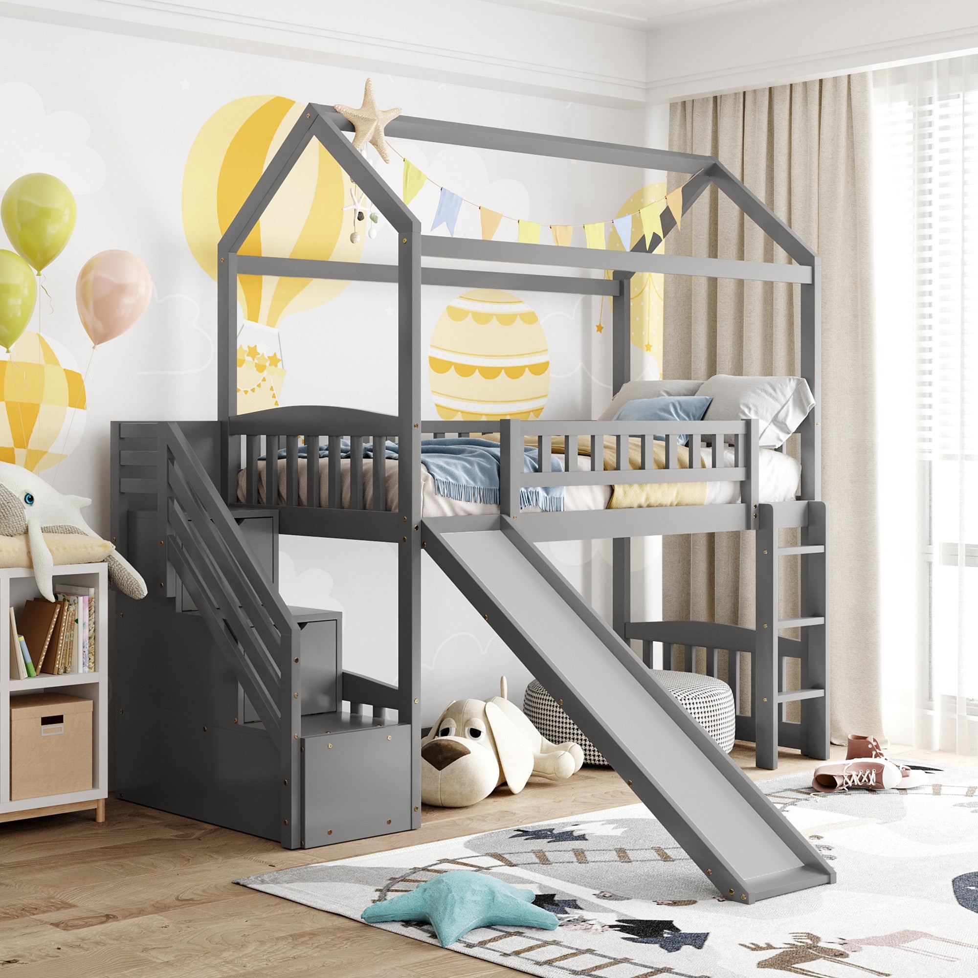 Gray Twin Size Playhouse Loft Bed With Drawers and Slide