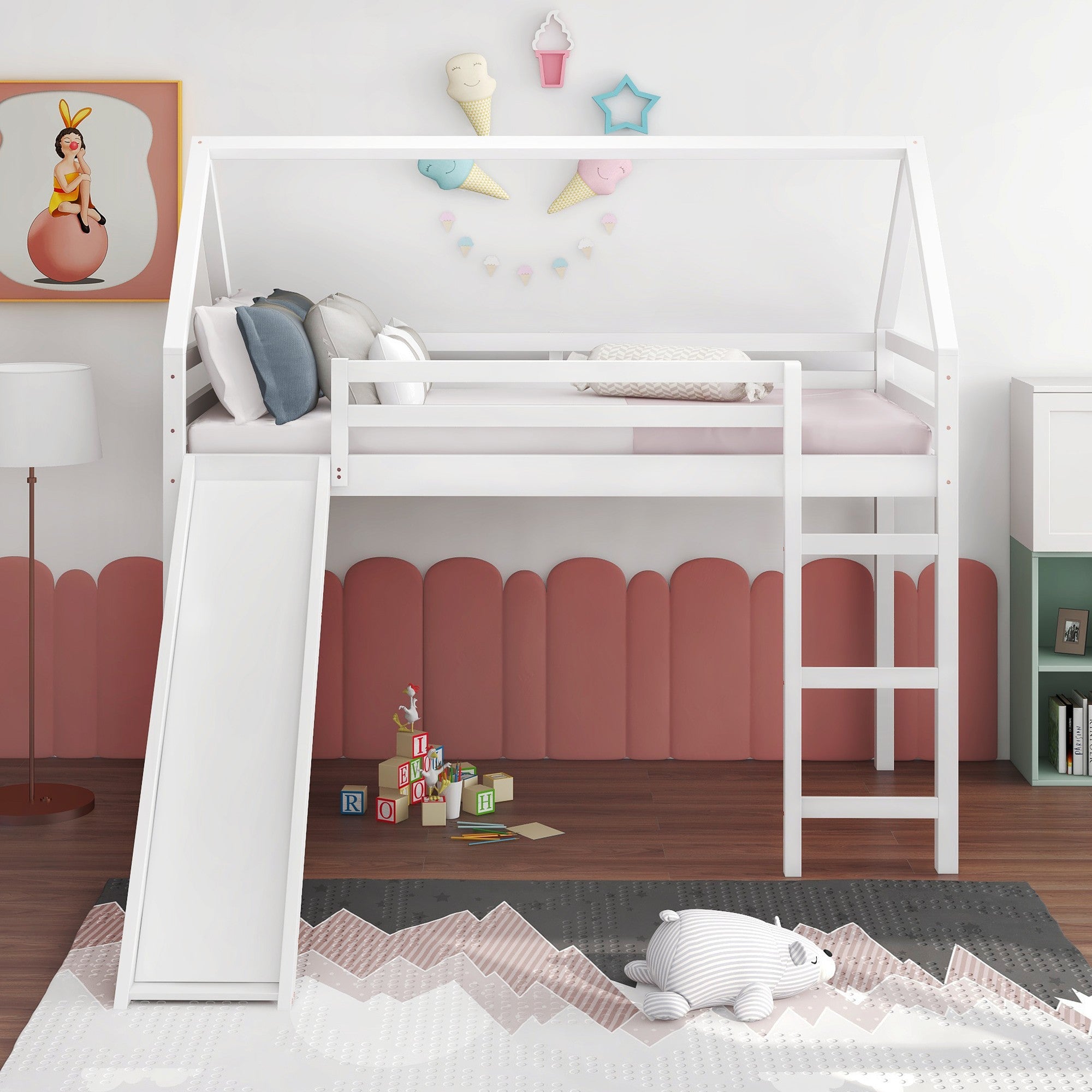 White Twin Size Slide House Loft Bed