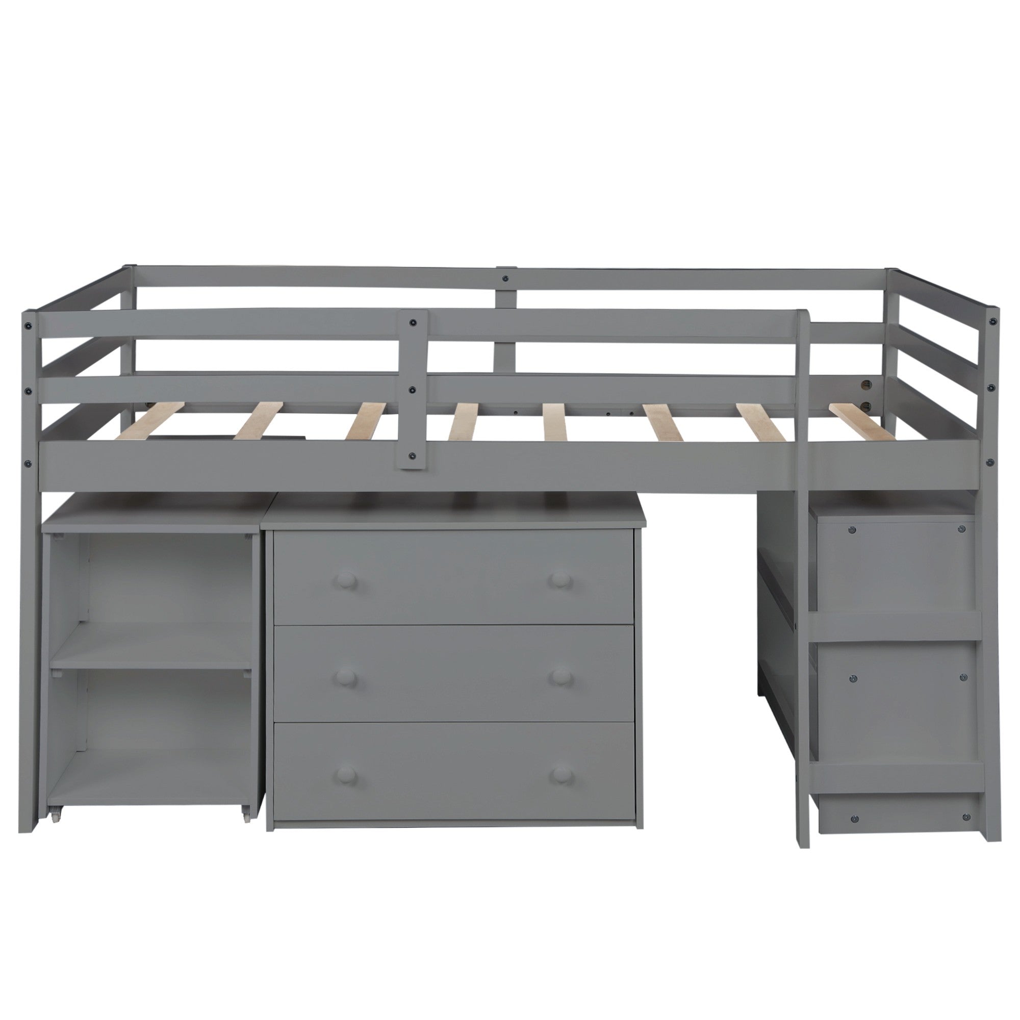 Gray Low Twin Loft Bed With Cabinet and Desk