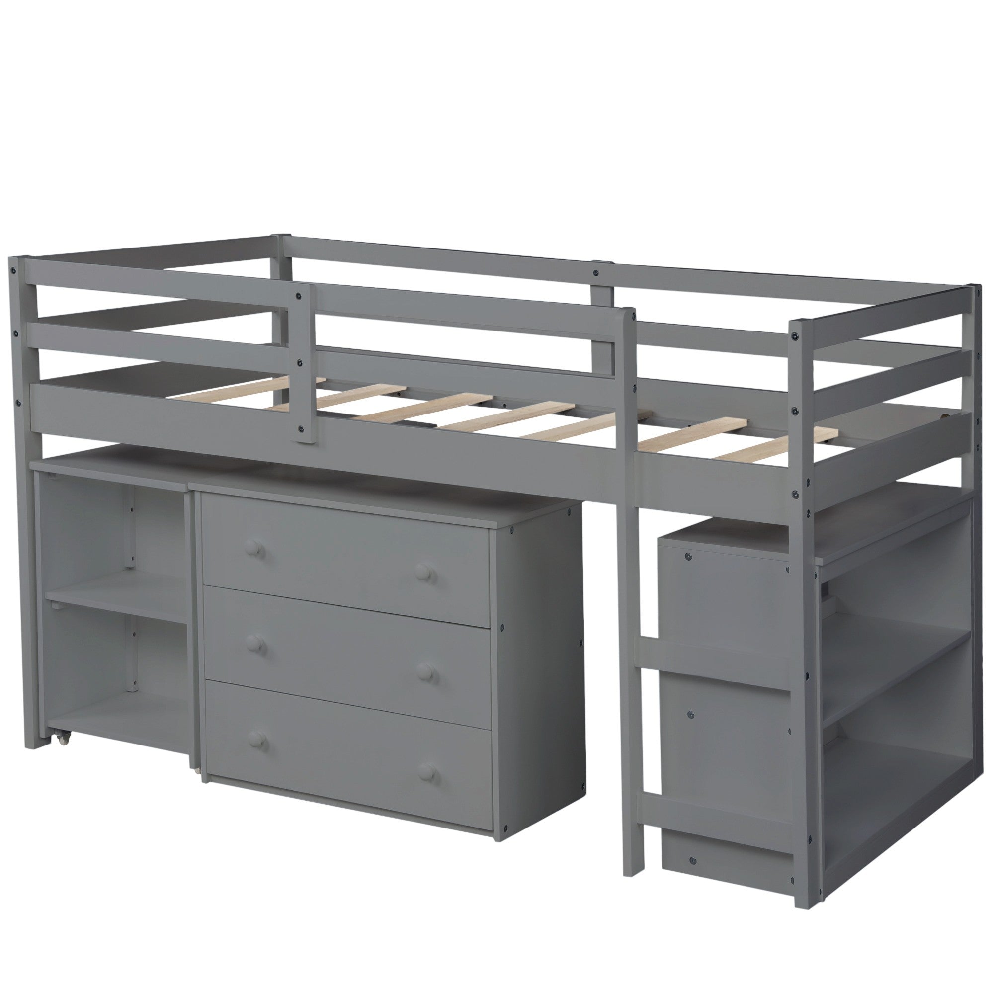 Gray Low Twin Loft Bed With Cabinet and Desk