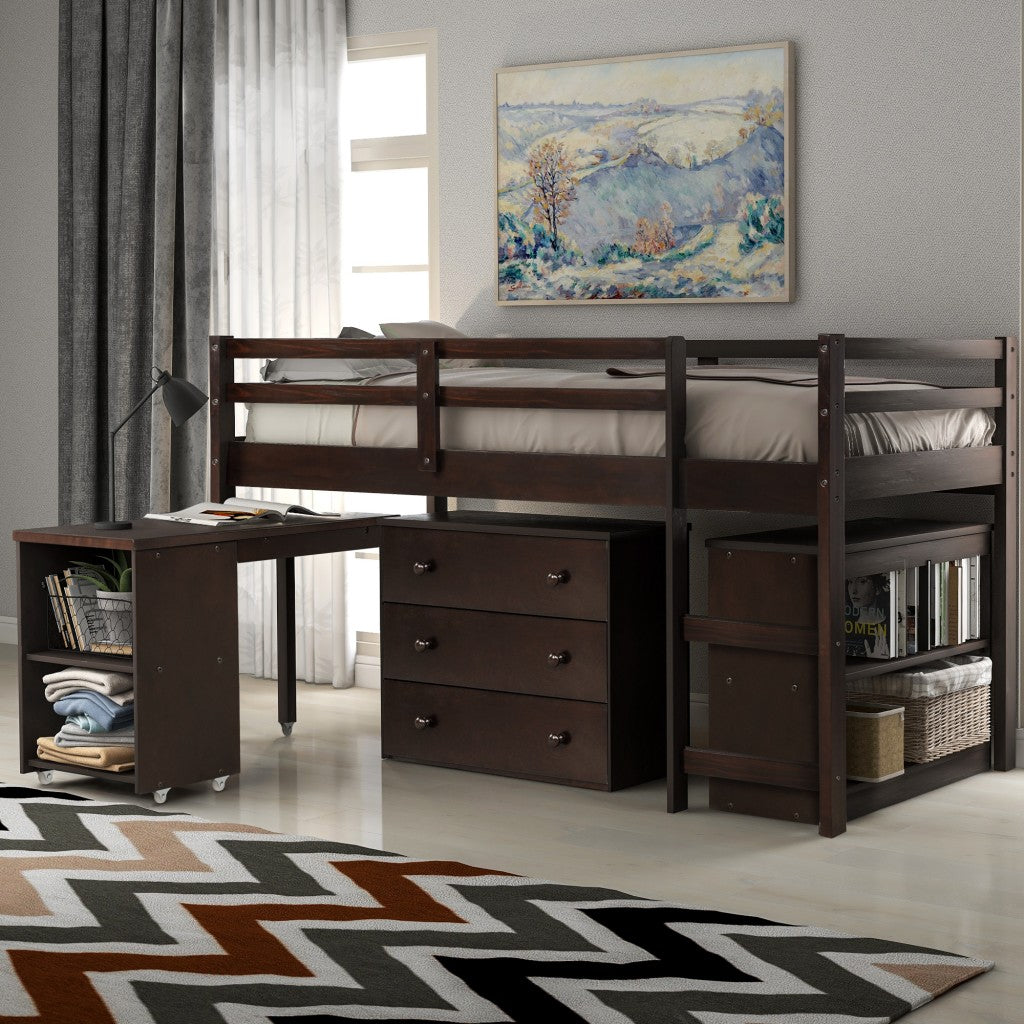 Brown Low Twin Loft Bed With Cabinet and Desk