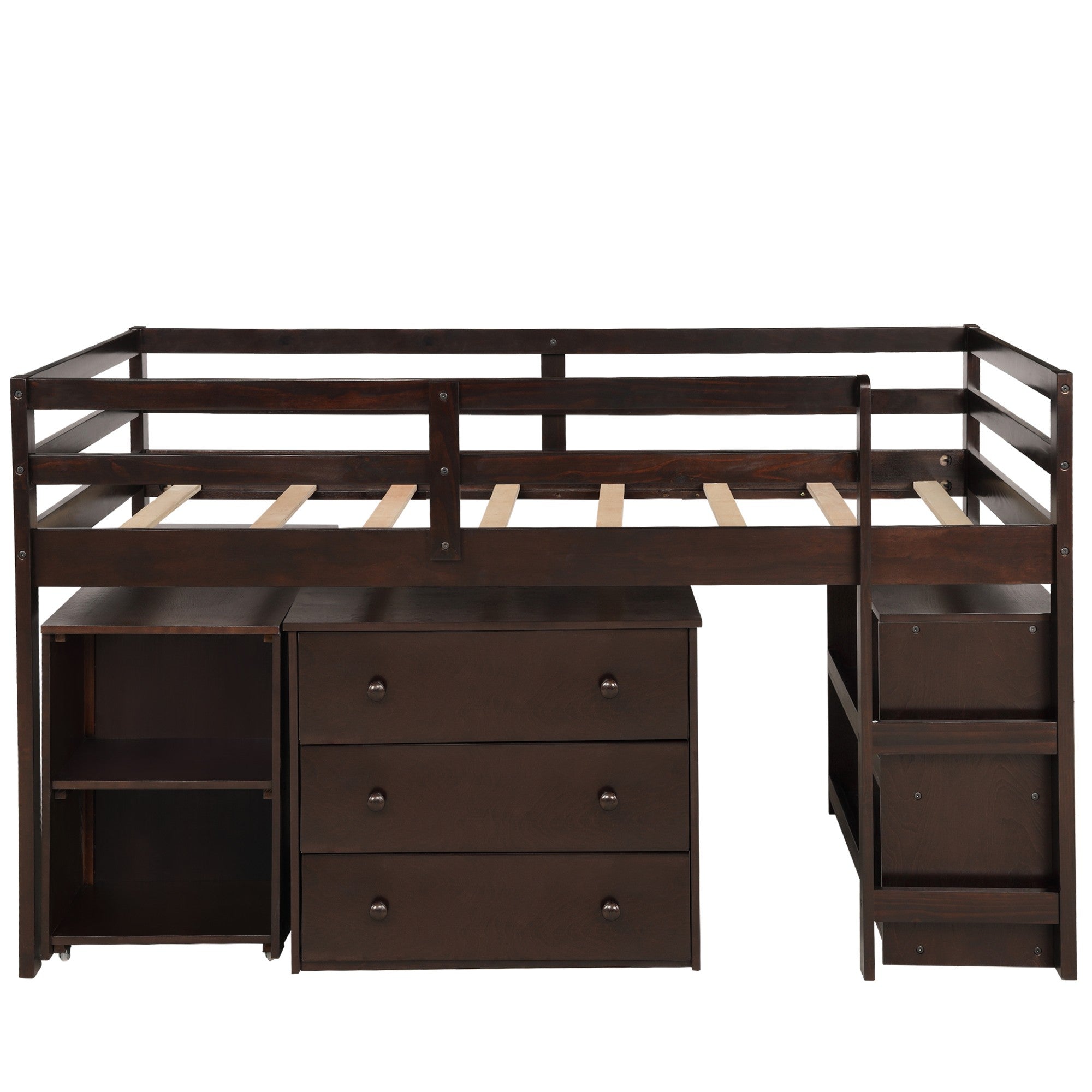 Brown Low Twin Loft Bed With Cabinet and Desk