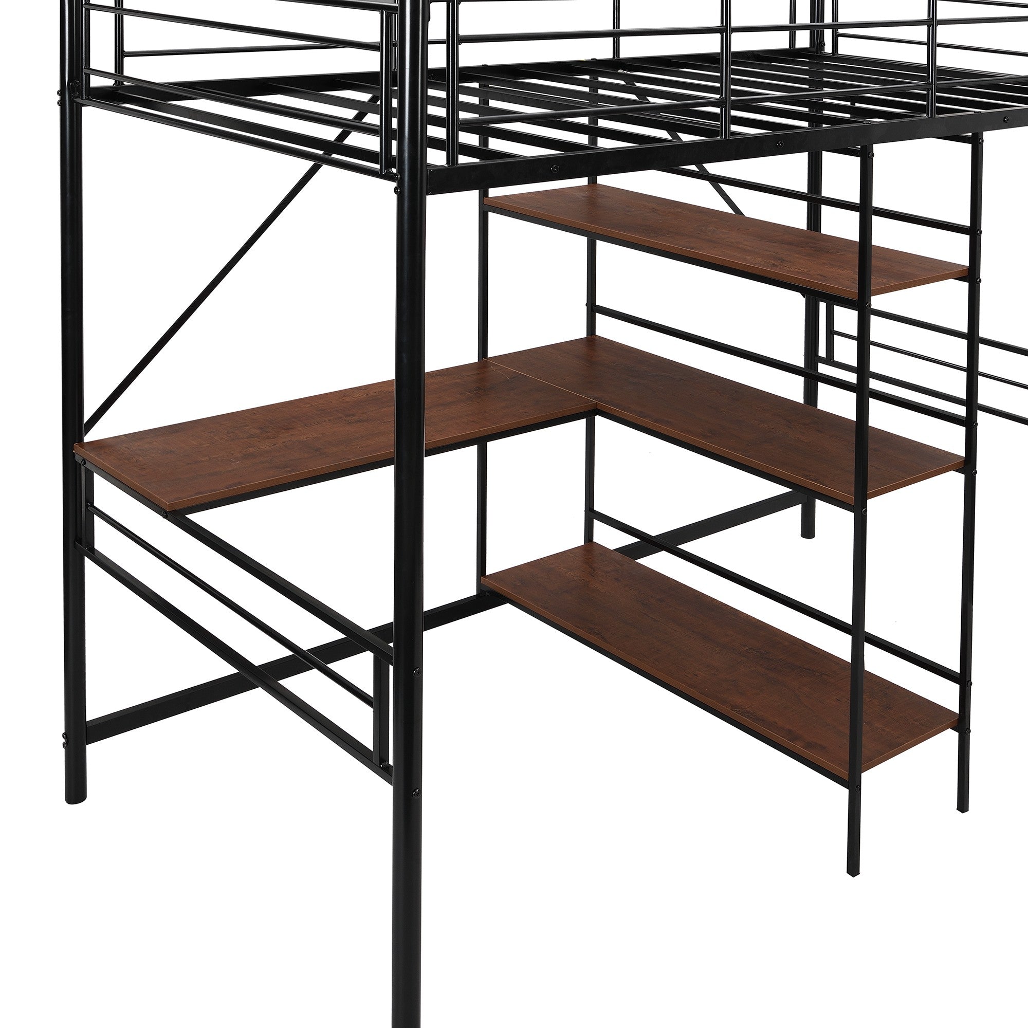 Black Twin Size Metal Loft Bed With Desk and Shelves