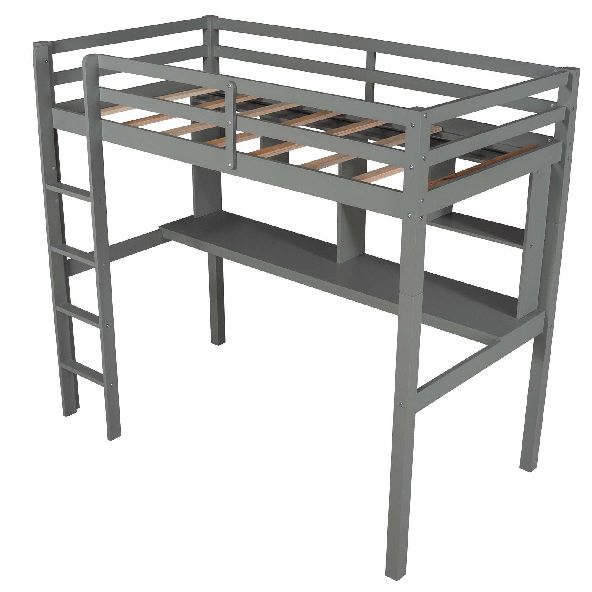 Gray Twin Loft Bed With Desk and Shelves