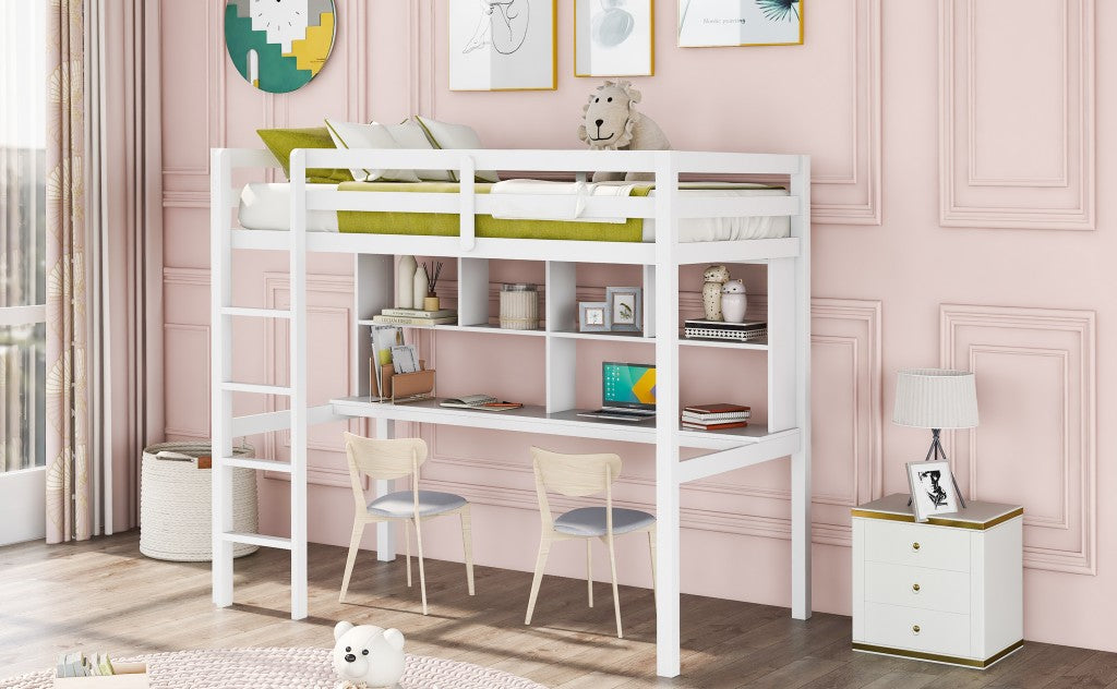 White Twin Loft Bed With Desk and Shelves