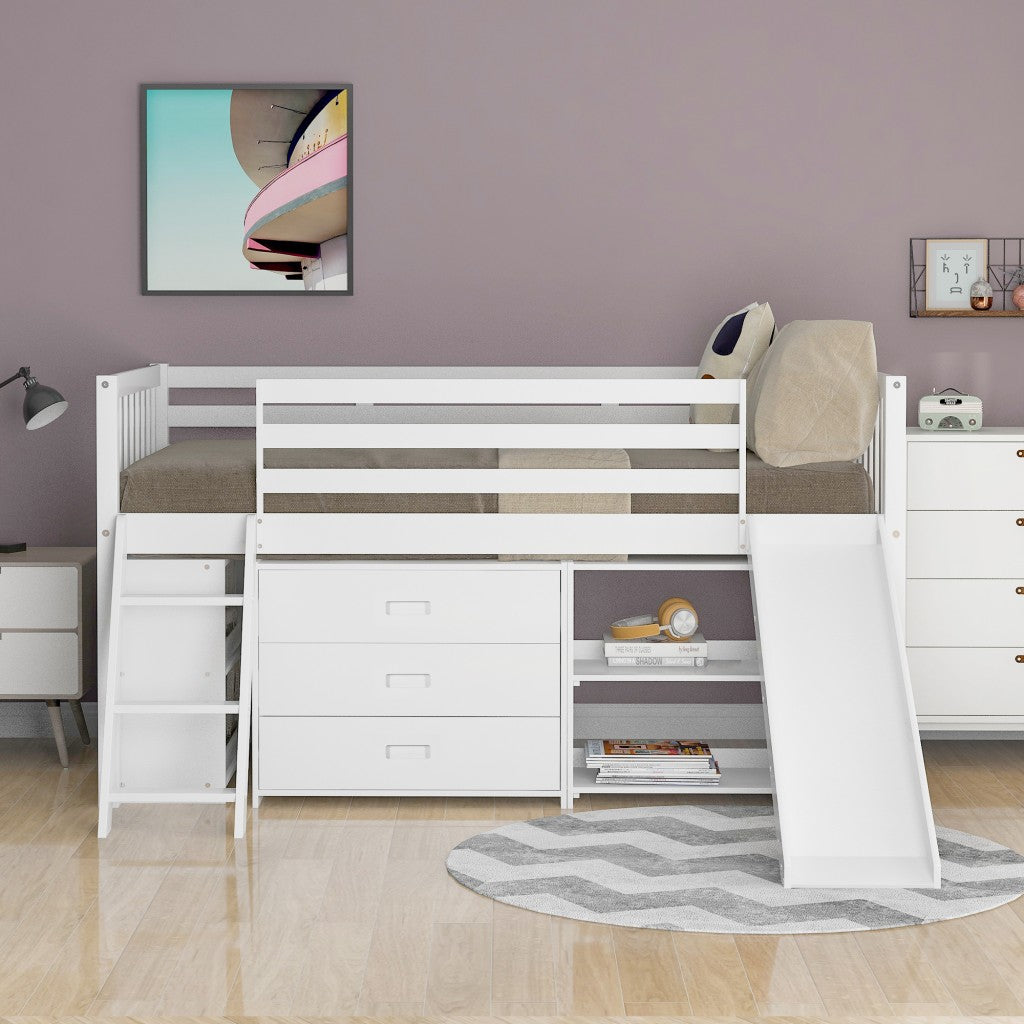 White Twin Loft Bed With Cabinet and Shelves