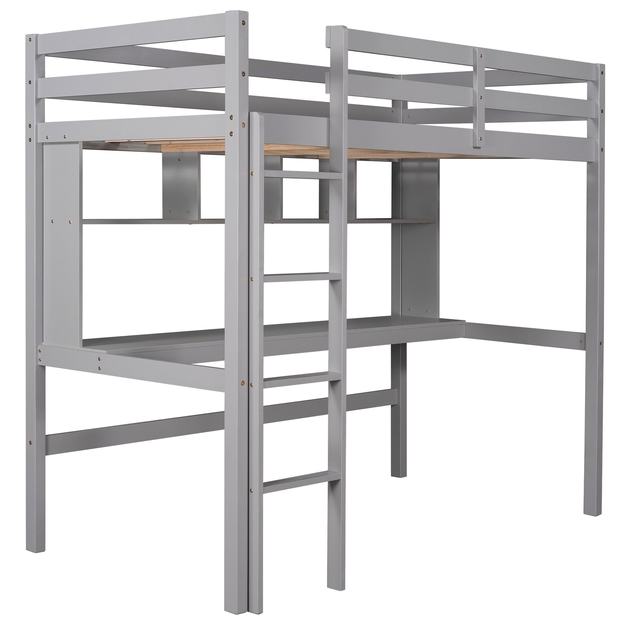 Minimalist Gray Twin Size Loft Bed with Built In Desk and Shelf