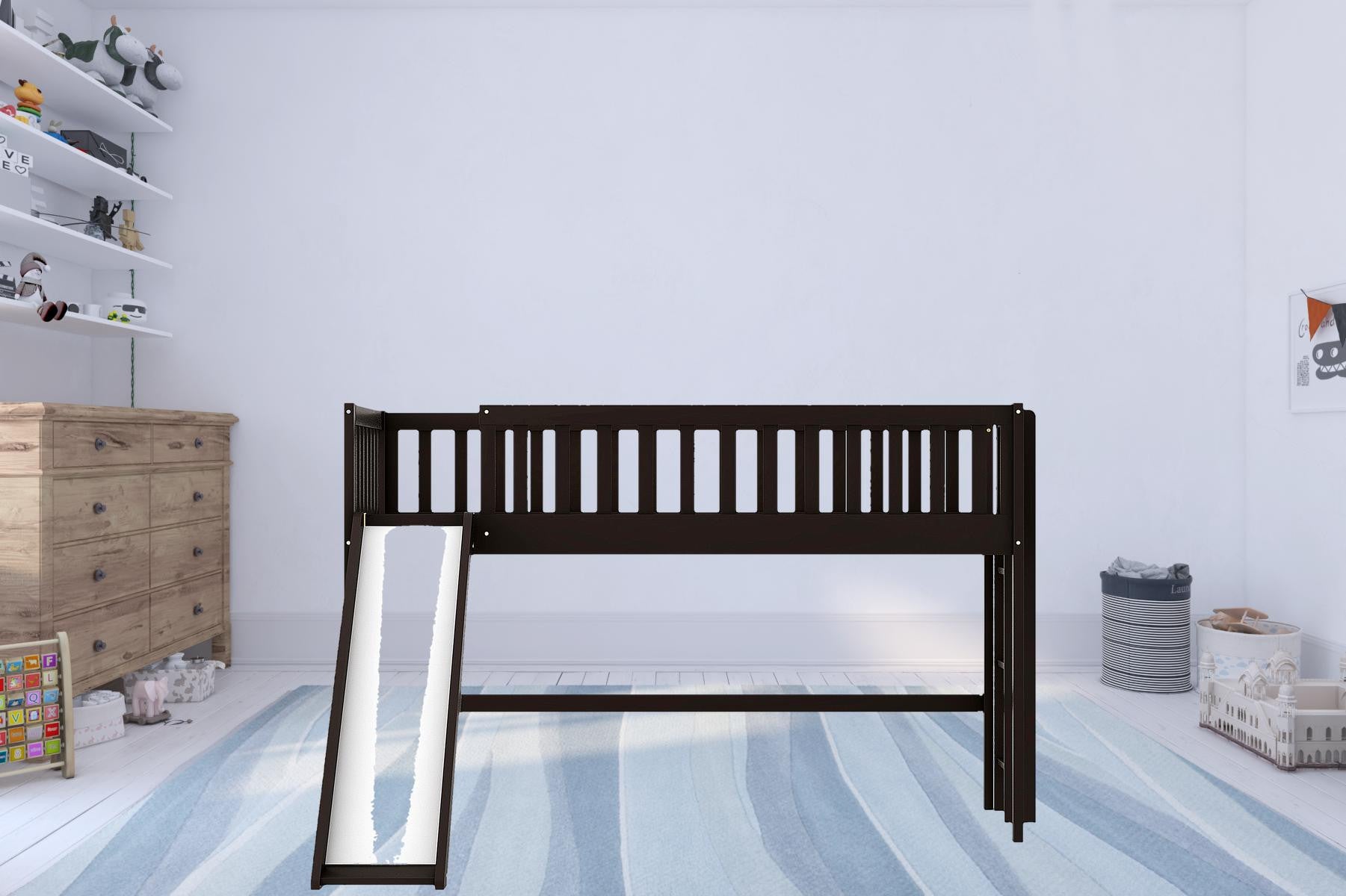 Dark Brown Twin Size Loft Bed with Slide