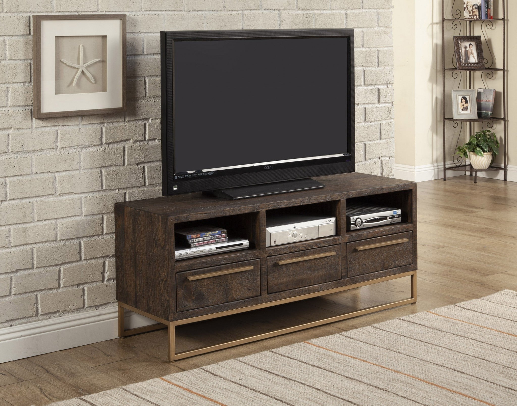 52" Deep Taupe Reclaimed Pine And Plywood Open Shelving TV Stand