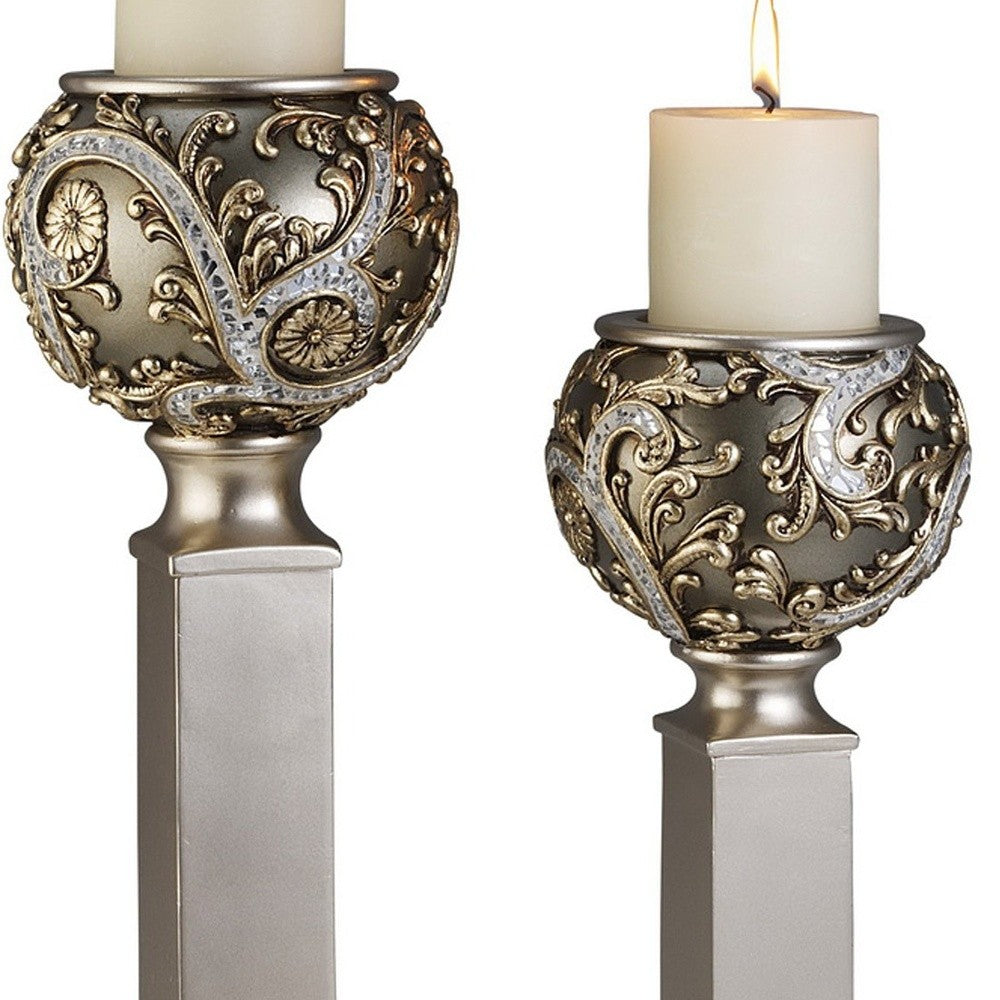 Set of Two Silver Polyresin Filigree Tabletop Pillar Candle Holders With Candle