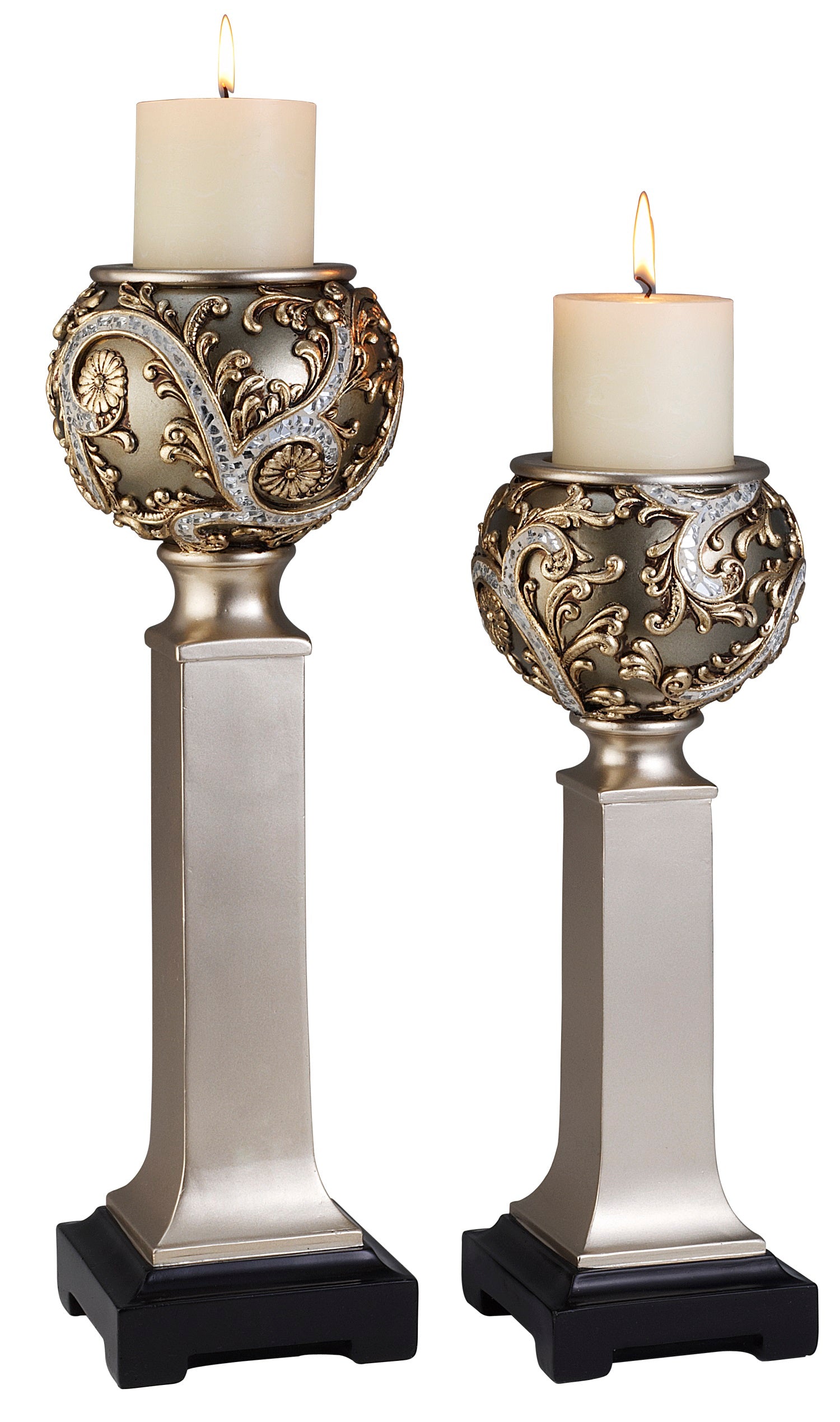 Set of Two Silver Polyresin Filigree Tabletop Pillar Candle Holders With Candle