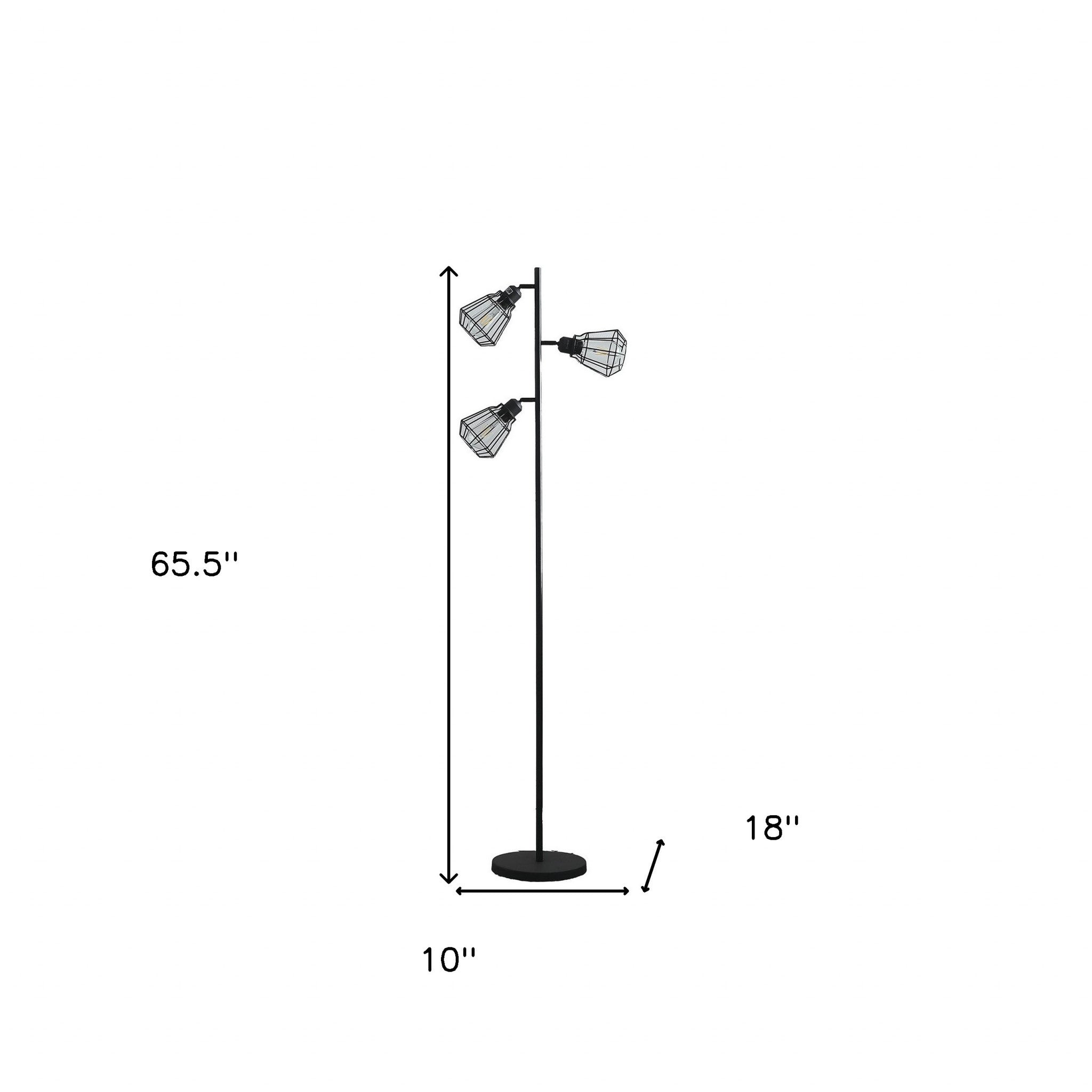 66" Black Metal Three Light Tree Floor Lamp With Black Metal Cage Shade