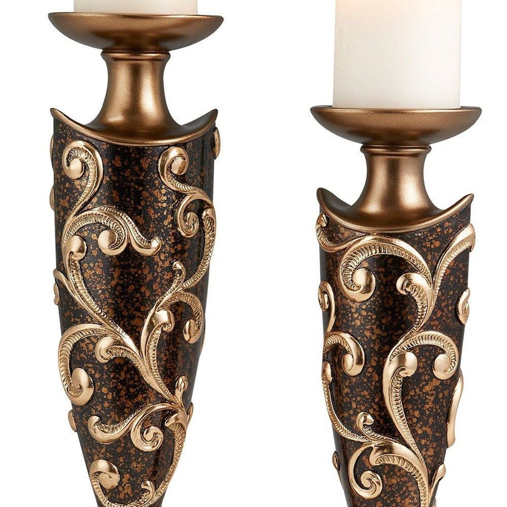 Set of Two Brown and Gold Polyresin Floral Centerpiece Pillar Candle Holders With Candle