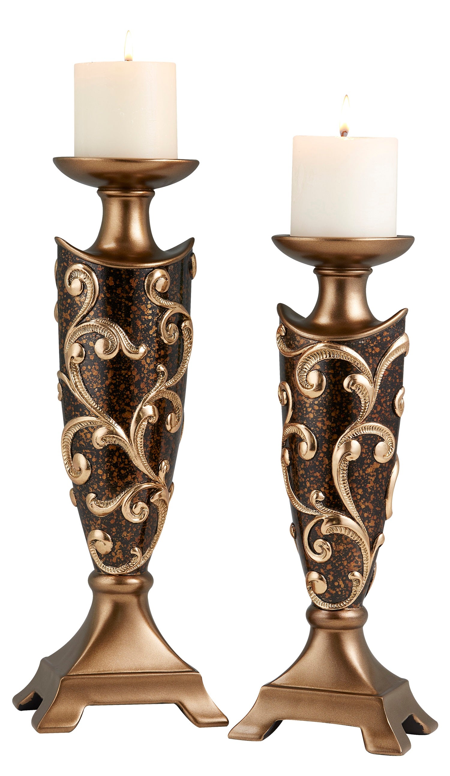 Set of Two Brown and Gold Polyresin Floral Centerpiece Pillar Candle Holders With Candle