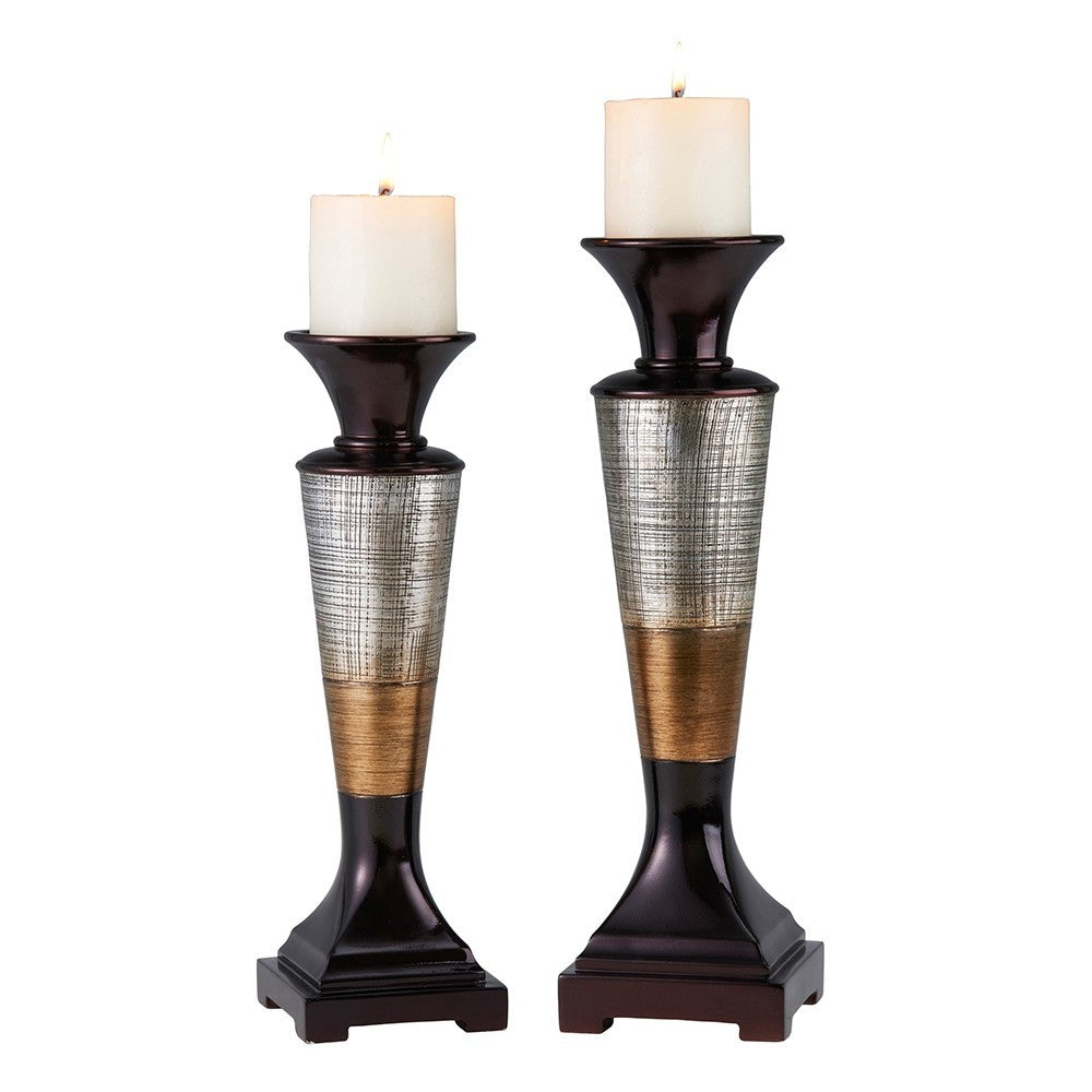 Set of Two Espresso Silver and Gold Polyresin Striped Centerpiece Pillar Candle Holders With Candle