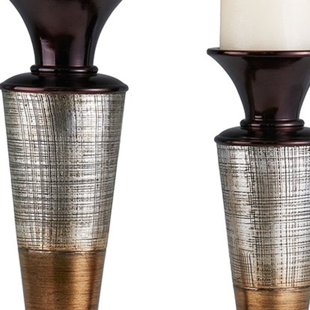 Set of Two Espresso Silver and Gold Polyresin Striped Centerpiece Pillar Candle Holders With Candle