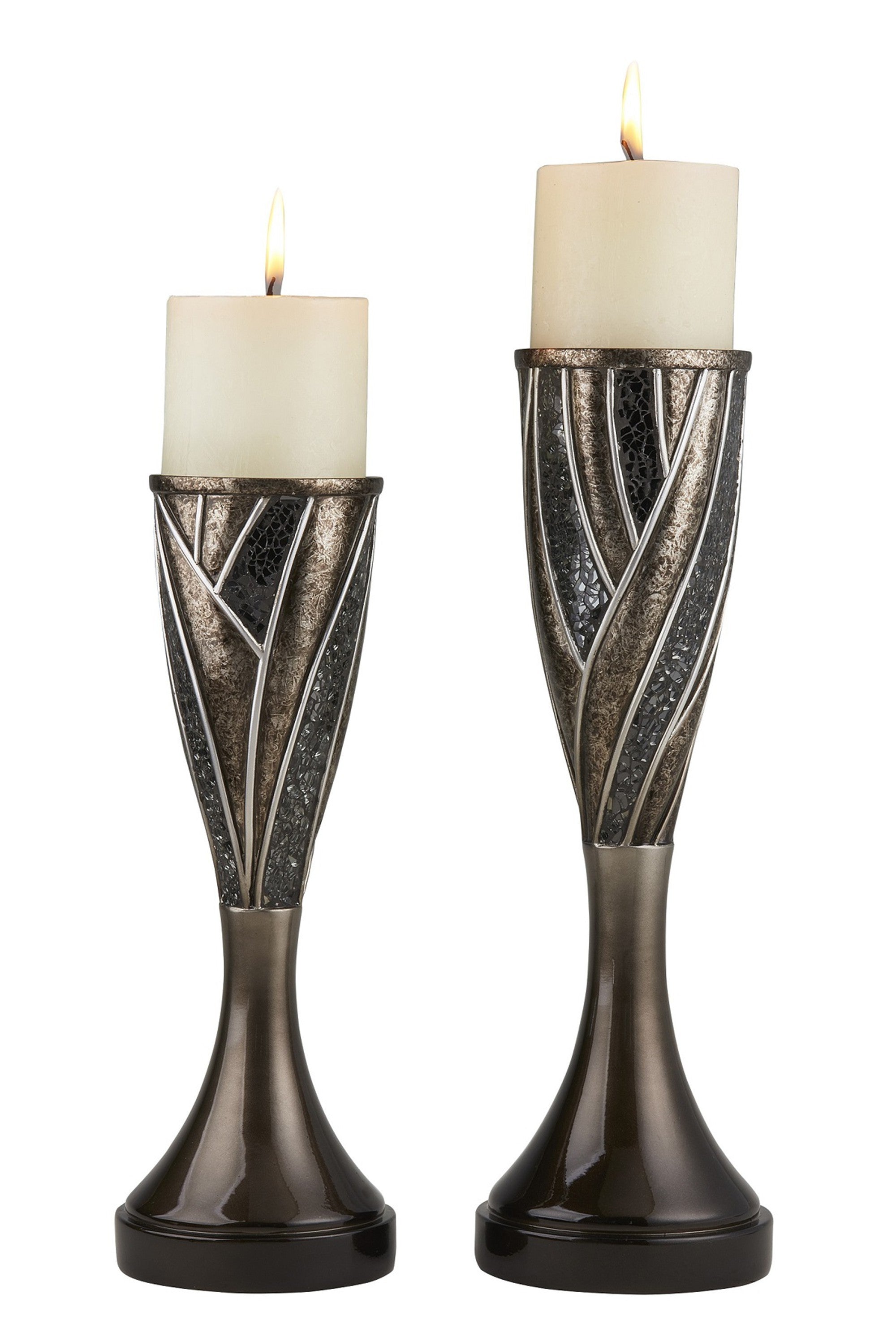 Set of Two Black Silver and Bronze Polyresin Abstract Centerpiece Pillar Candle Holders With Candle