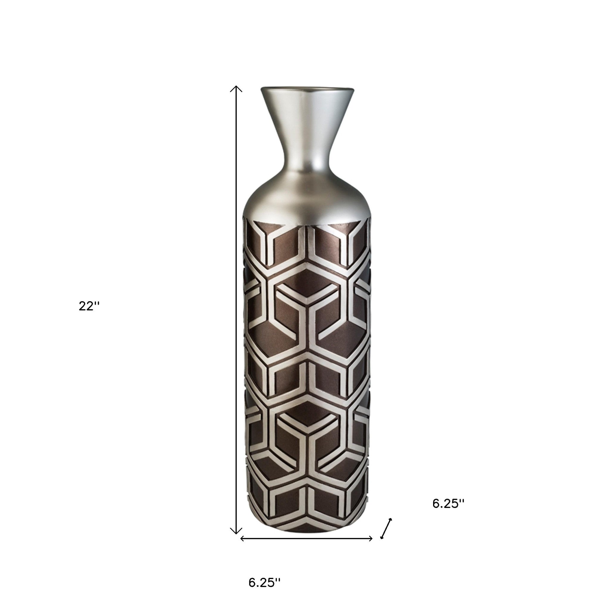 22" Brown and Silver Geometric Polyresin Floor Vase