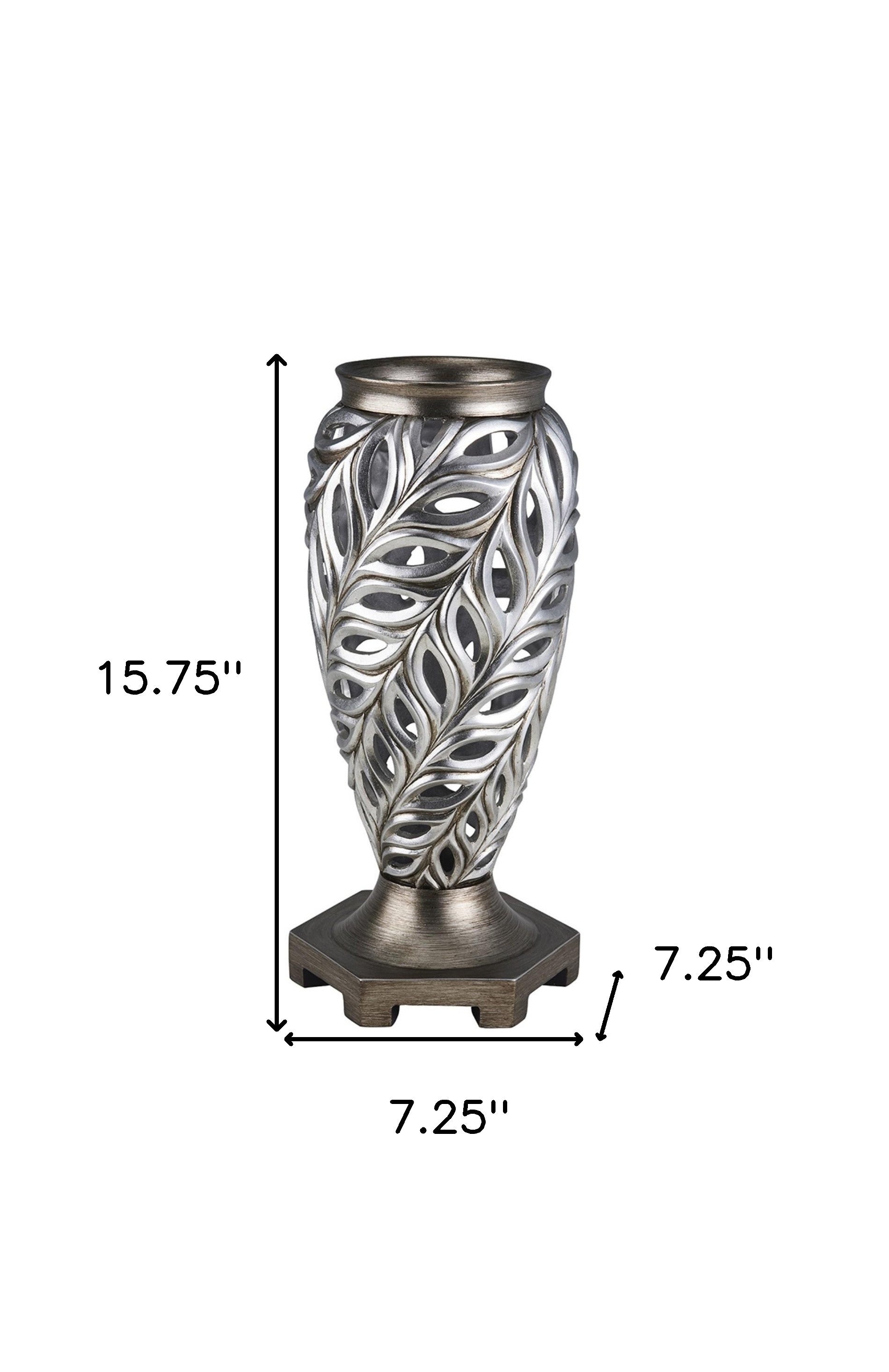 16" Gray and Silver Leaf Polyresin Round Urn Vase