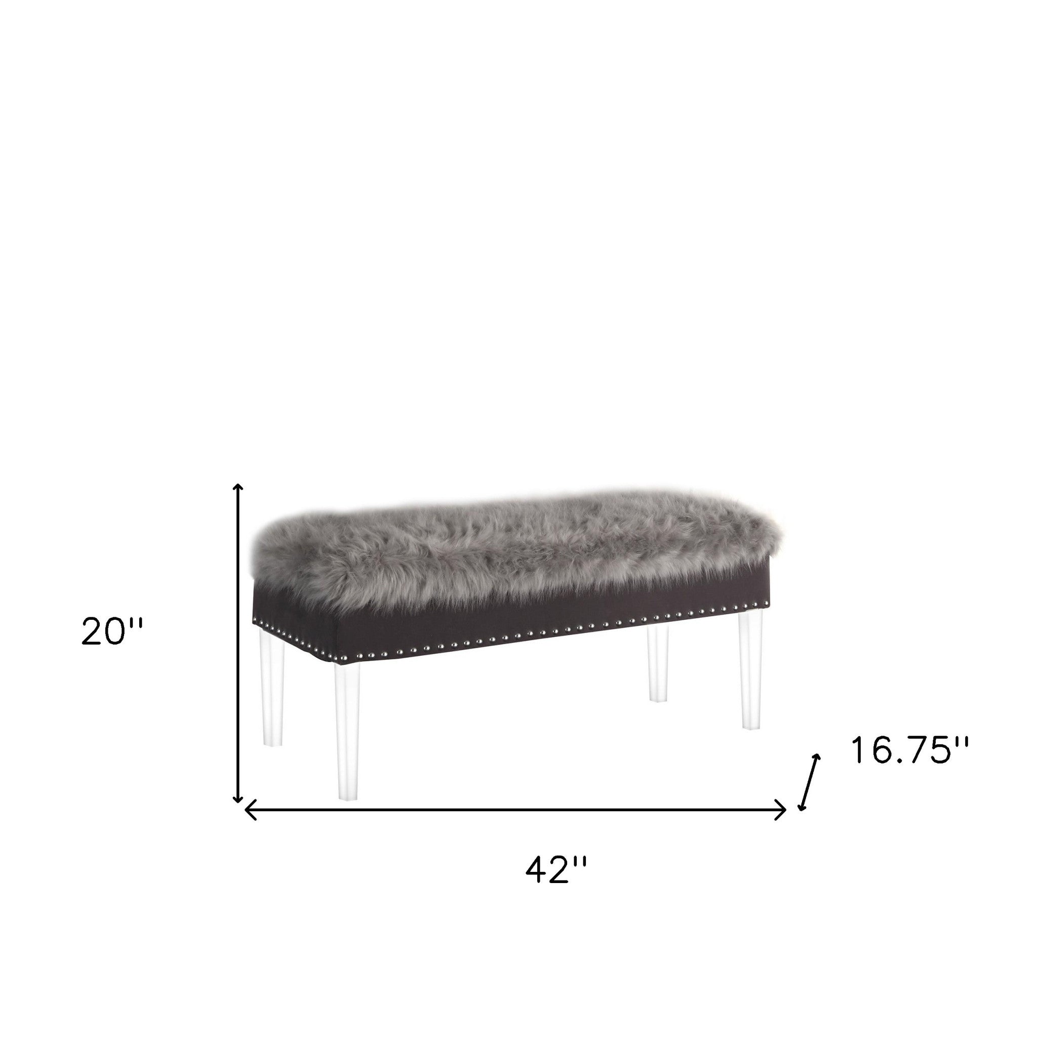 42" Gray and Clear Faux Fur Upholstered Storage Bench with Flip Top