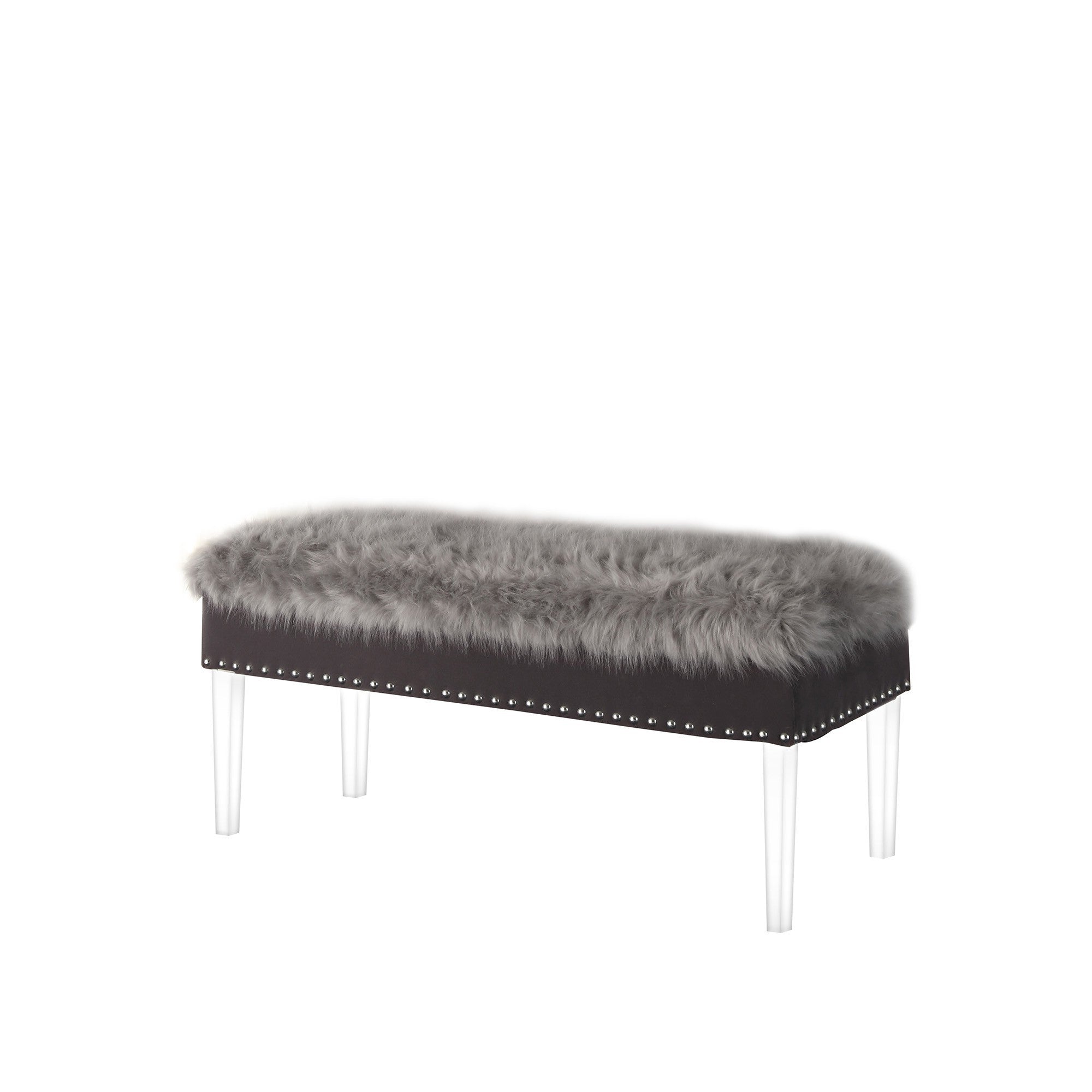 42" Gray and Clear Faux Fur Upholstered Storage Bench with Flip Top