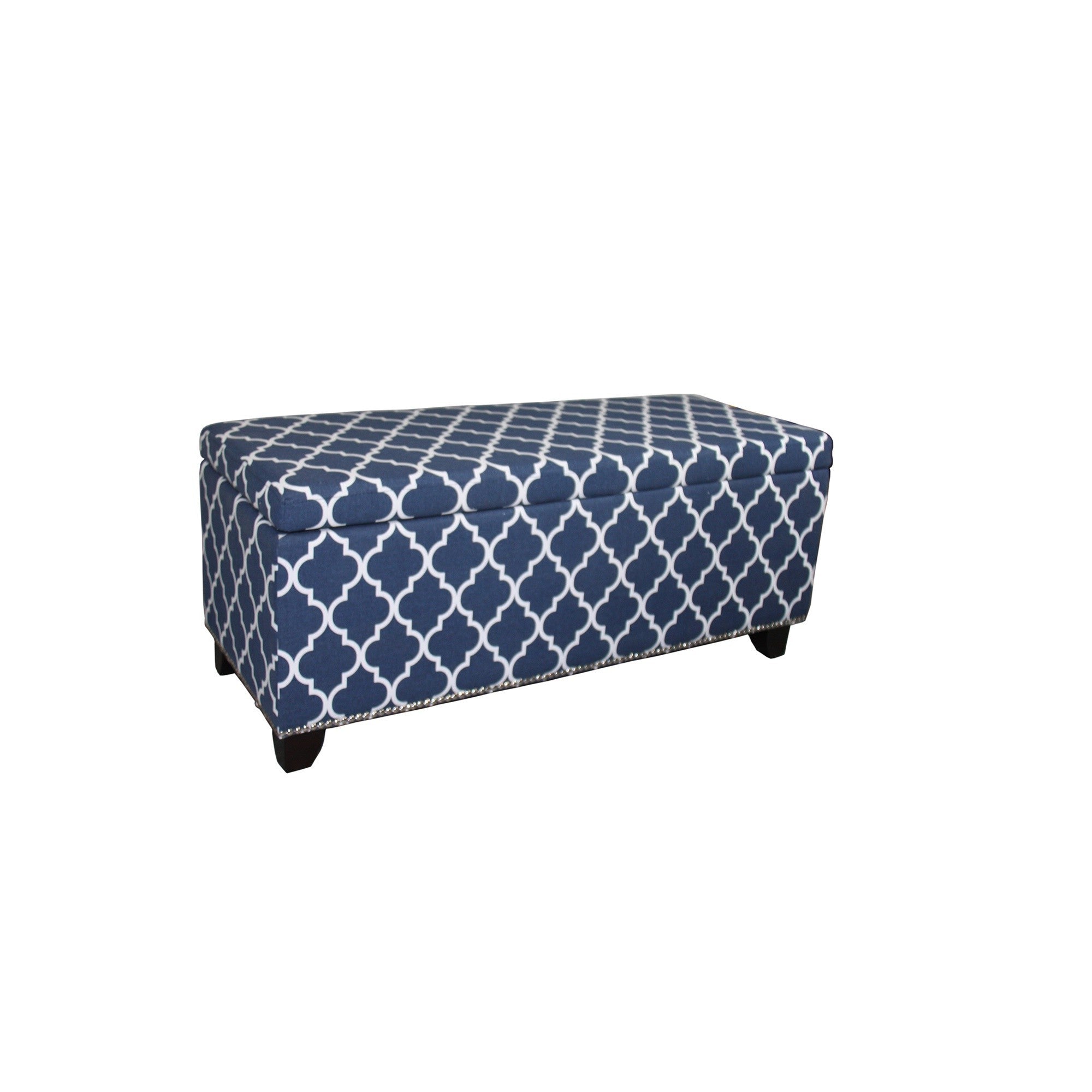 42" Blue and White and Dark Brown Upholstered Polyester Quatrefoil Bench with Flip top