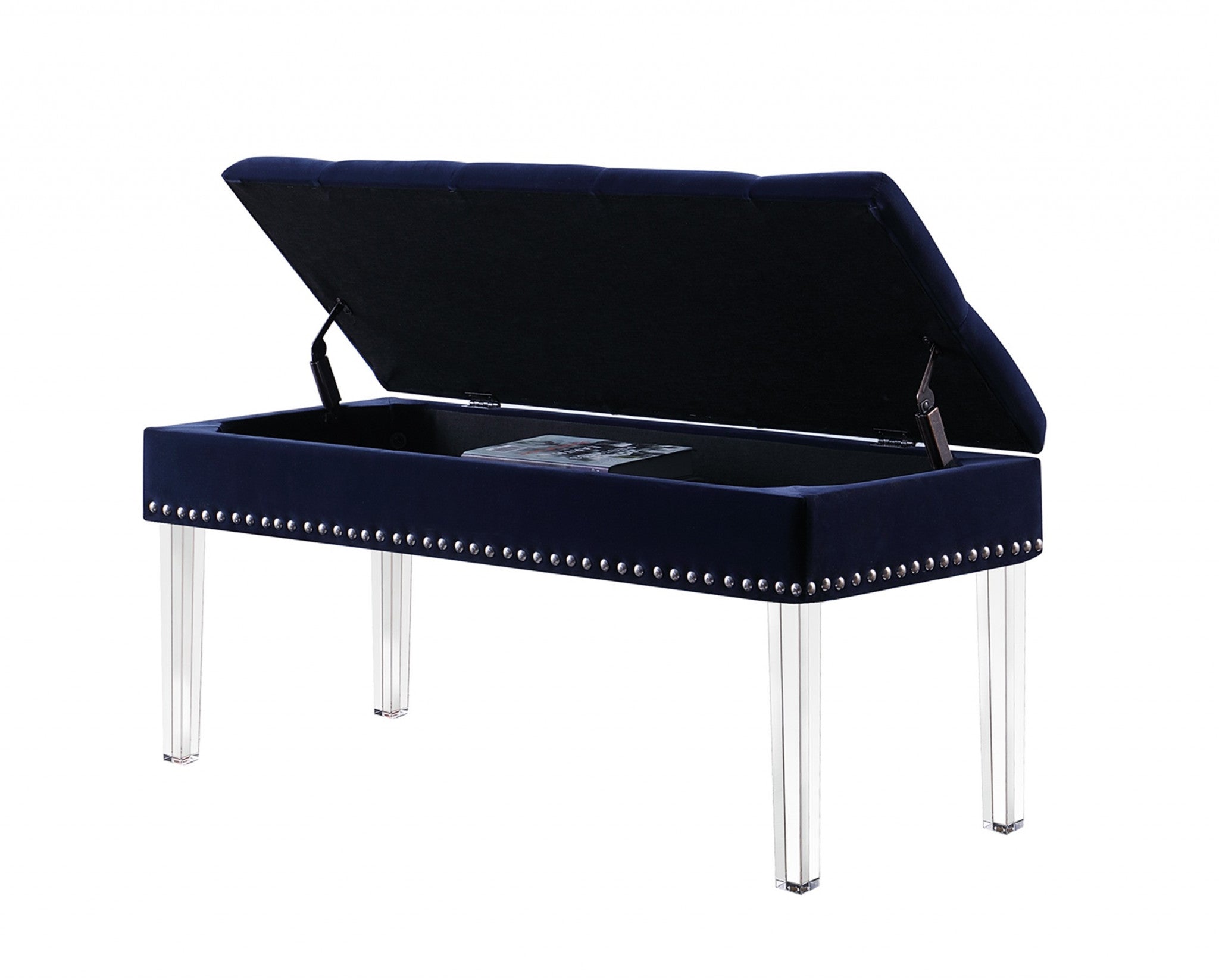 42" Navy Blue Velvet and Clear Acrylic Storage Bench