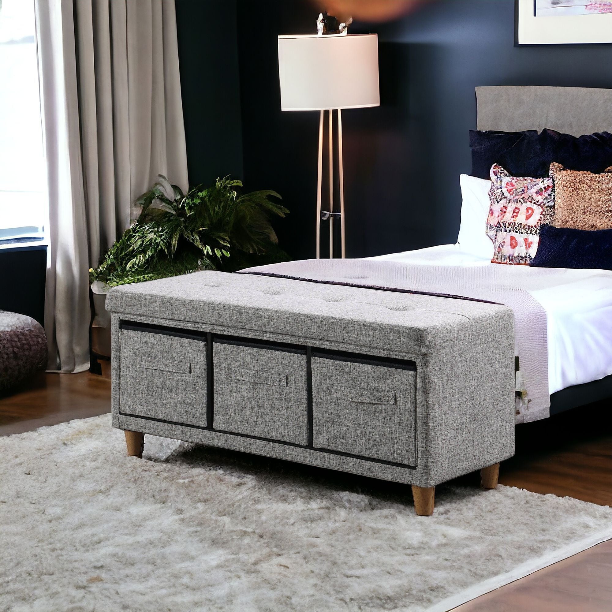 40" Gray and Brown Tufted Fabric Upholstered Storage Bench with Drawers