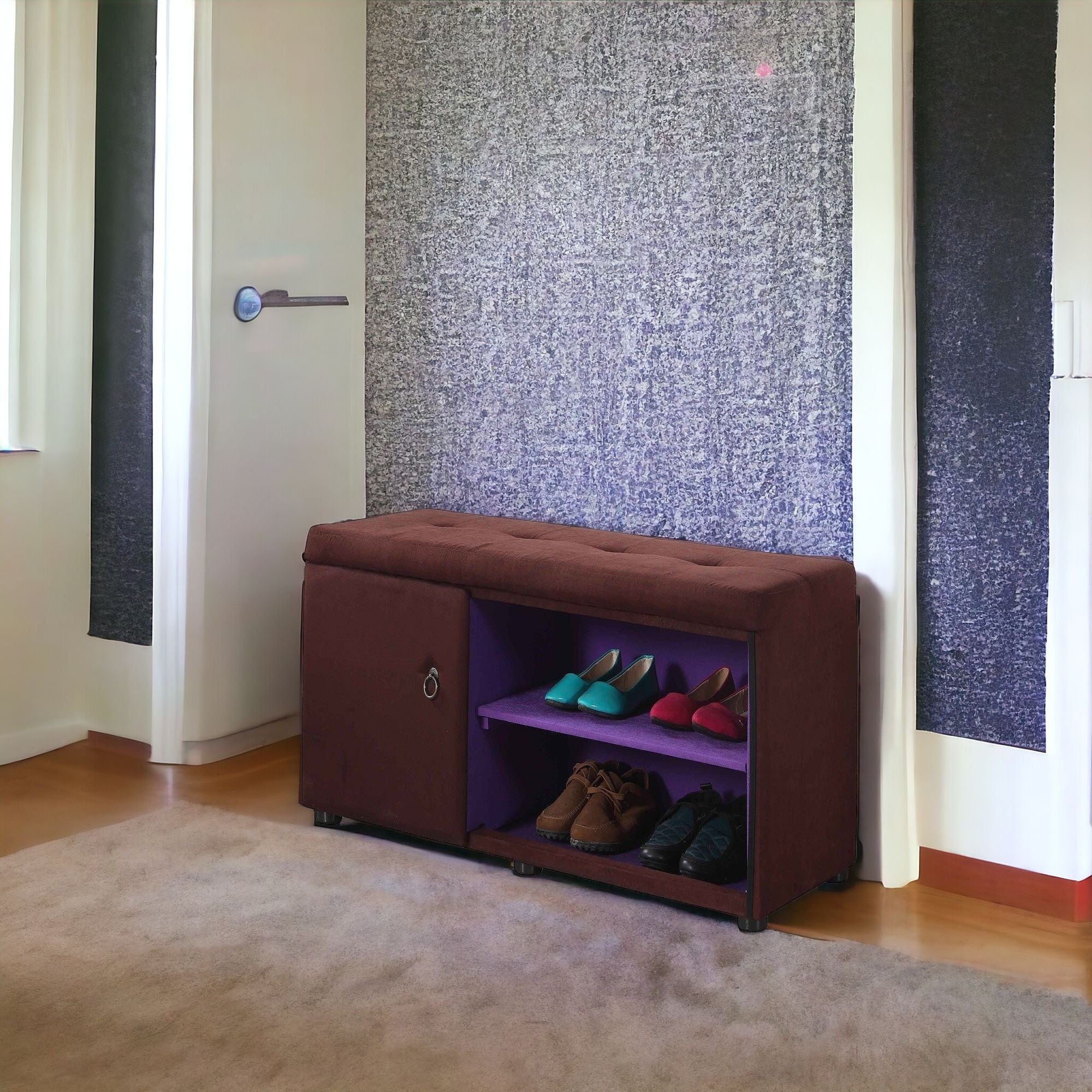 Brown and Purple Tufted Shoe Storage Bench