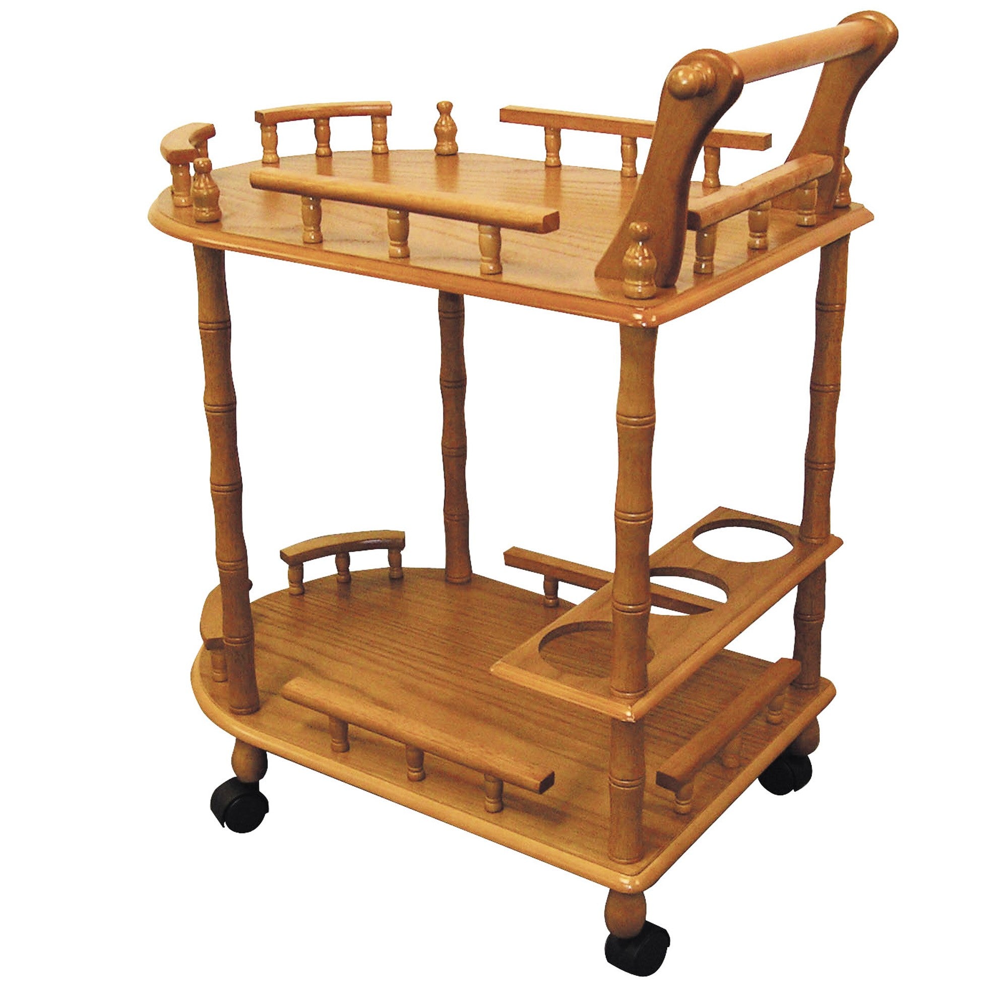 24" Oak Wood Rolling Bar Cart With Wine Storage