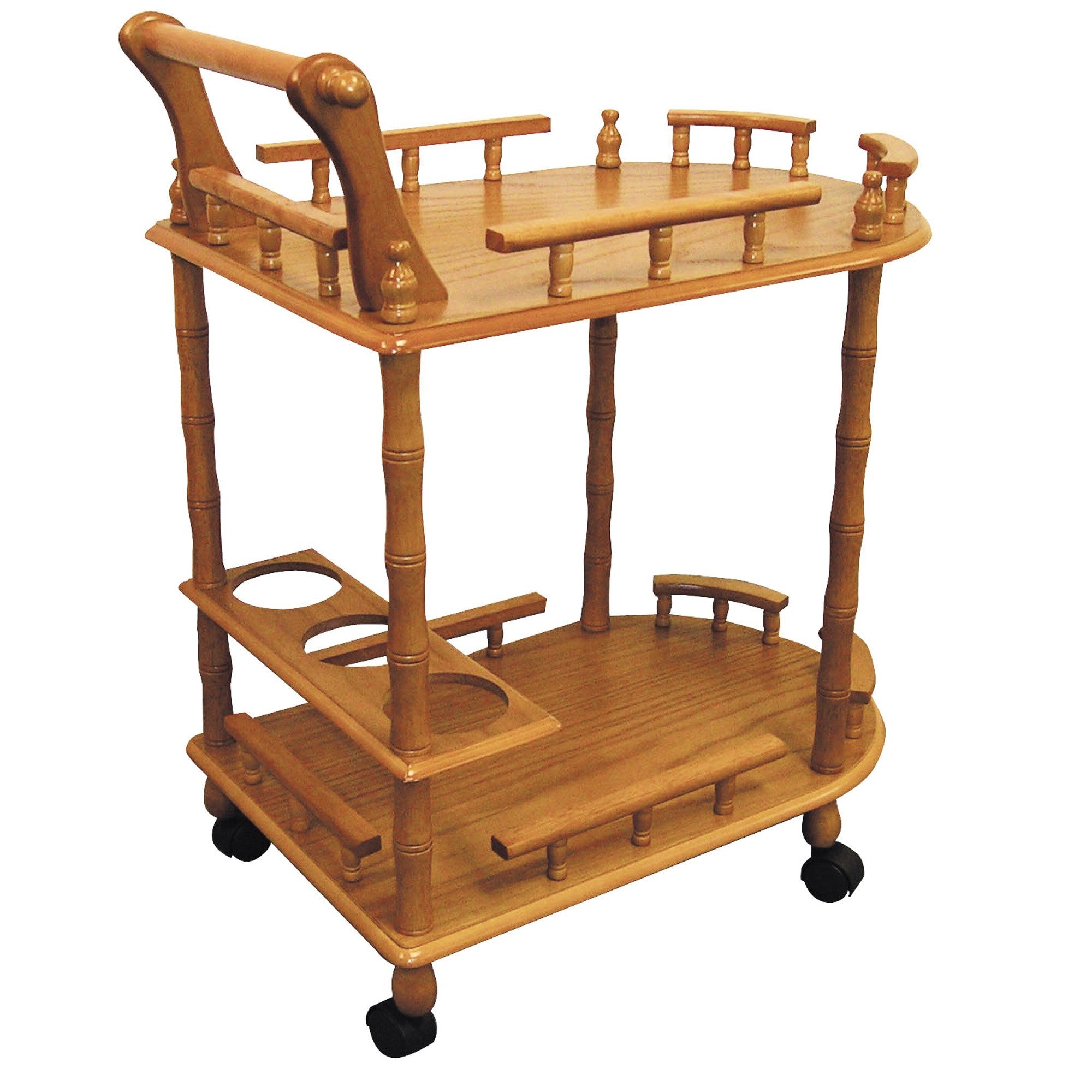 24" Oak Wood Rolling Bar Cart With Wine Storage