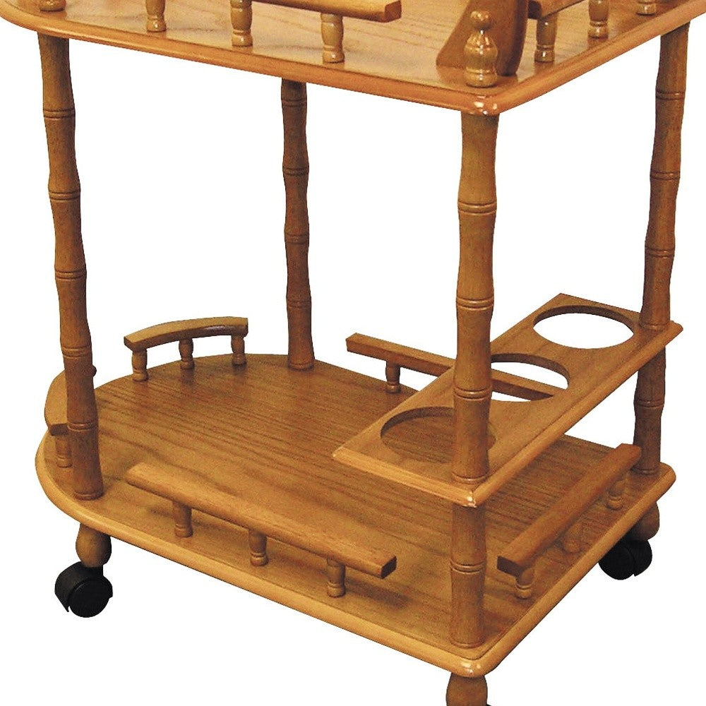 24" Oak Wood Rolling Bar Cart With Wine Storage