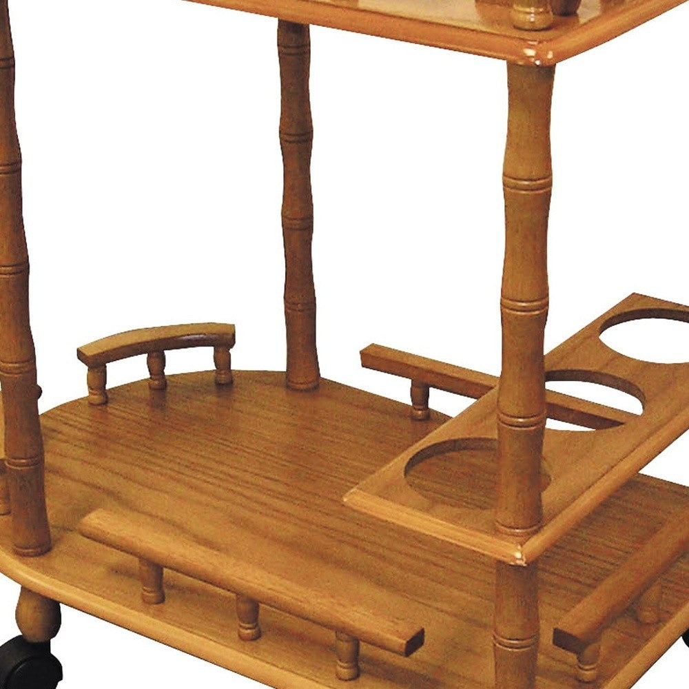 24" Oak Wood Rolling Bar Cart With Wine Storage