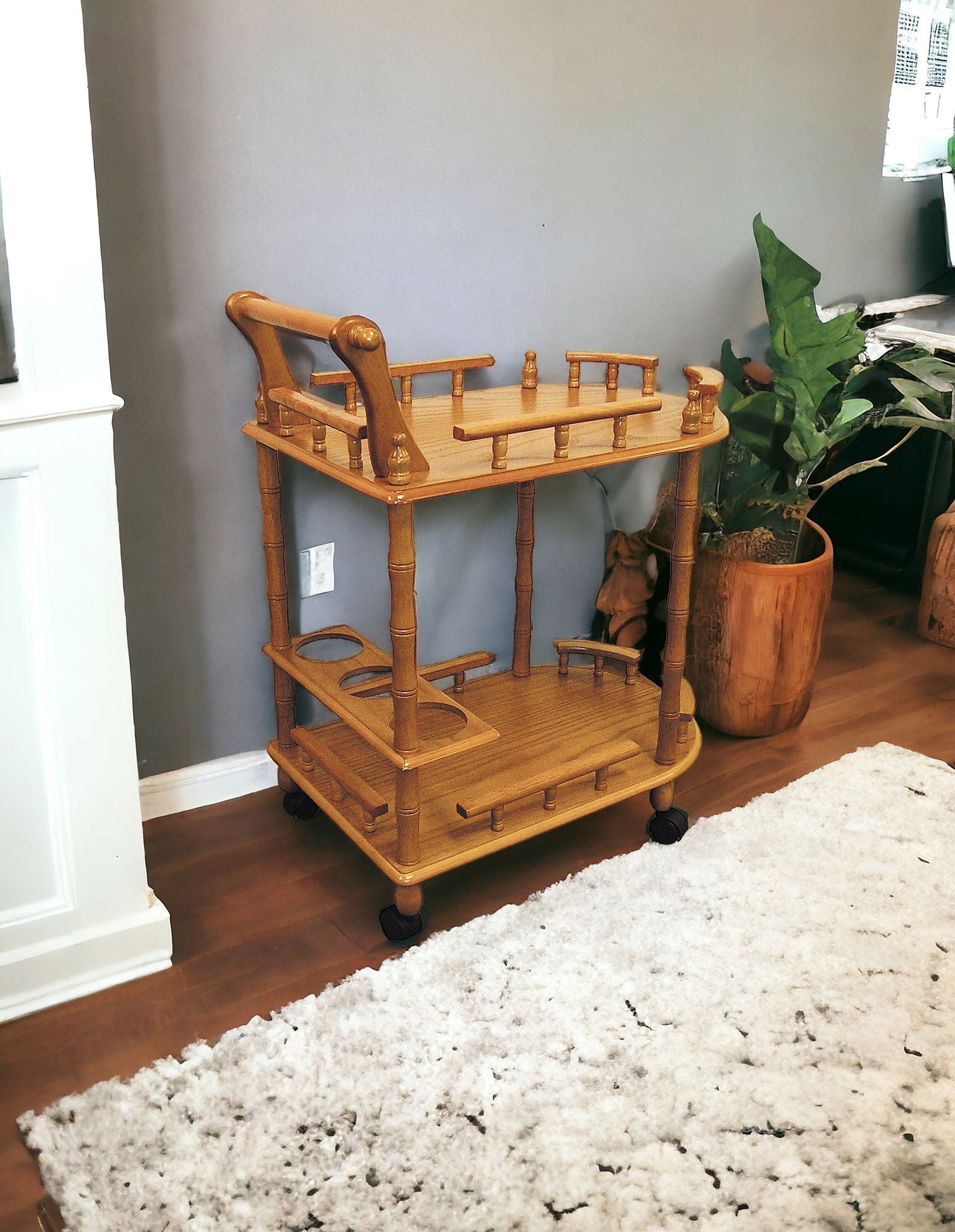 24" Oak Wood Rolling Bar Cart With Wine Storage