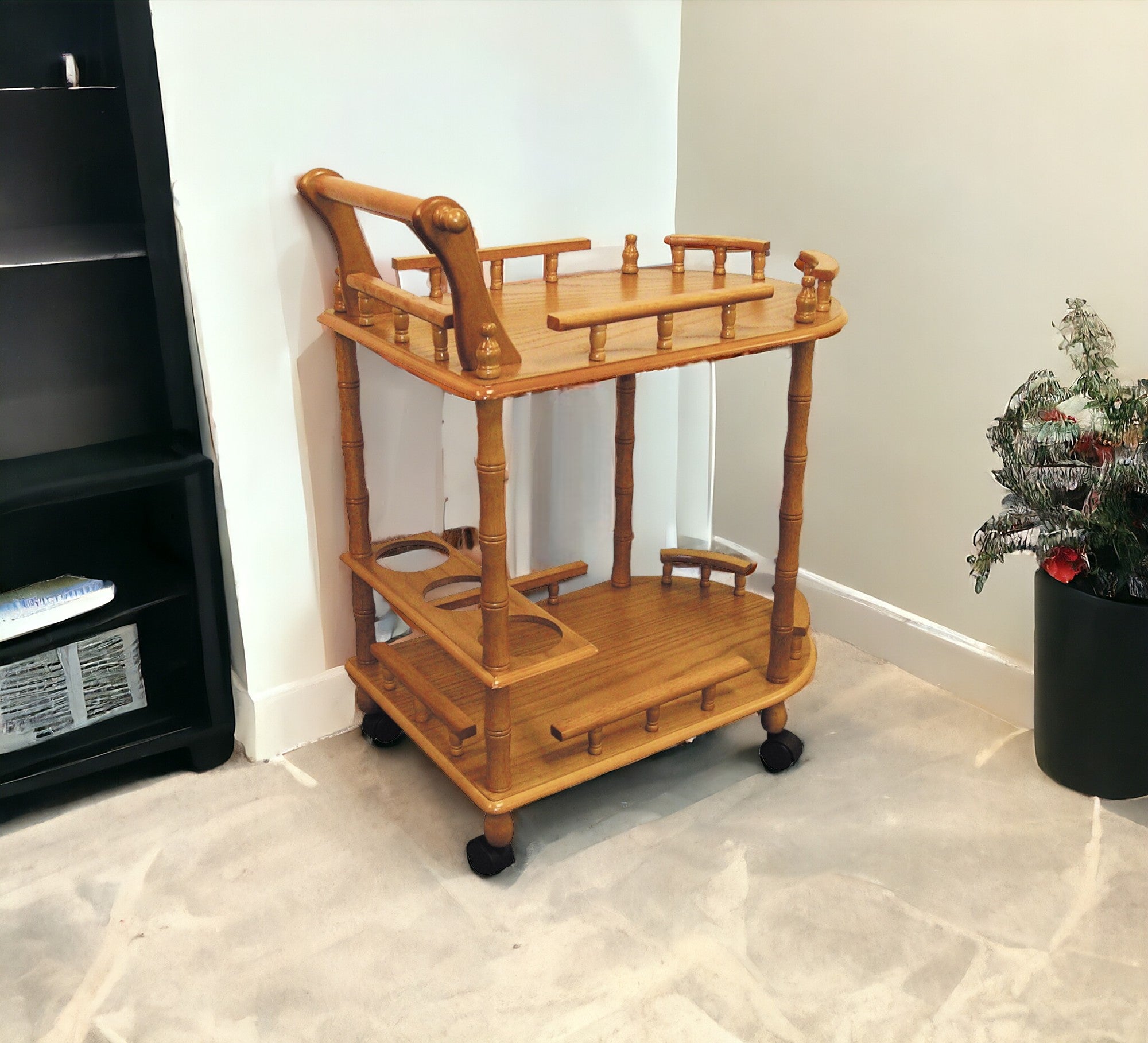 24" Oak Wood Rolling Bar Cart With Wine Storage