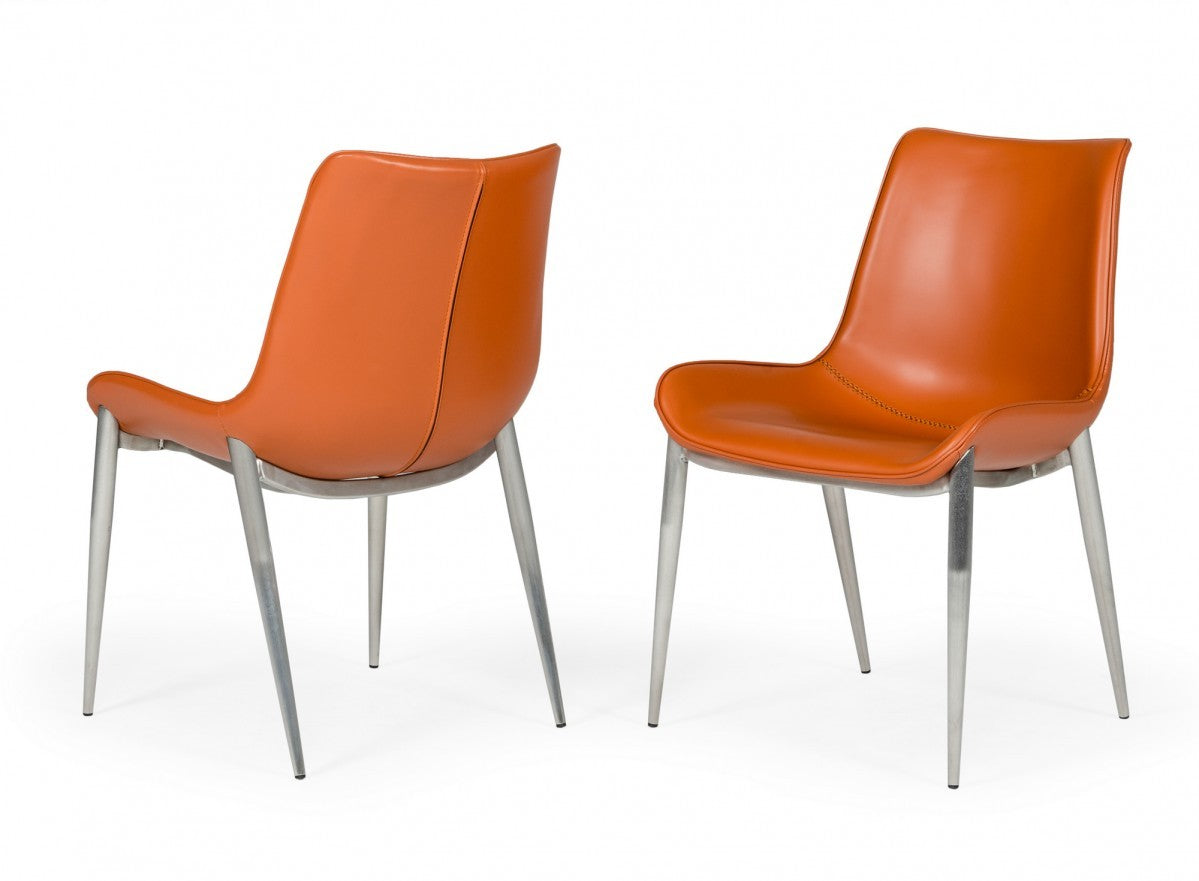 Set of Two Cognac Faux Leather Modern Dining Chairs