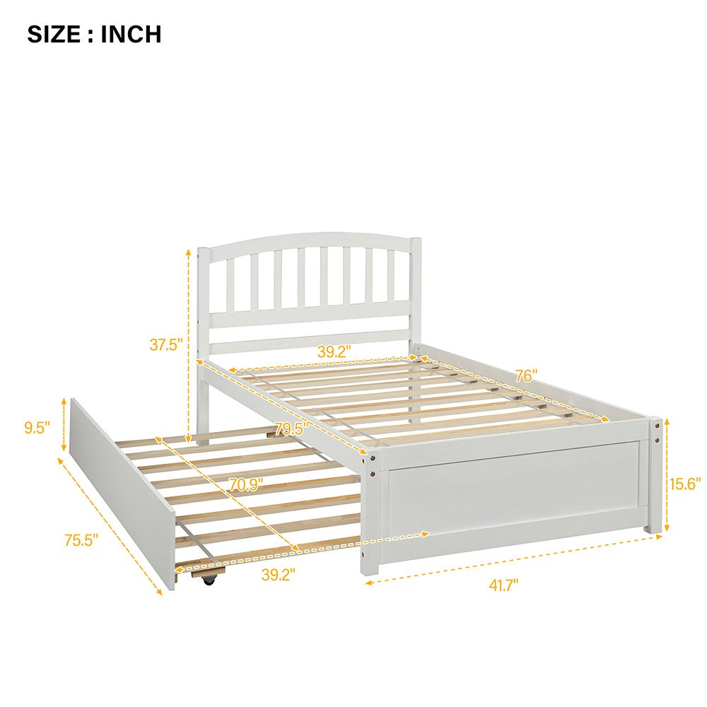 White Wood Twin Bed Frame with Trundle