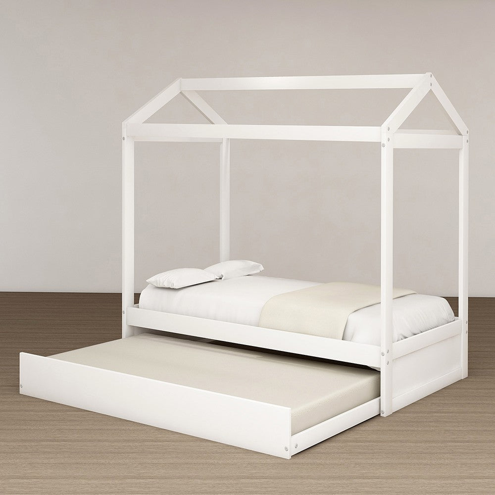 White Wood Twin Canopy Bed Frame with Trundle