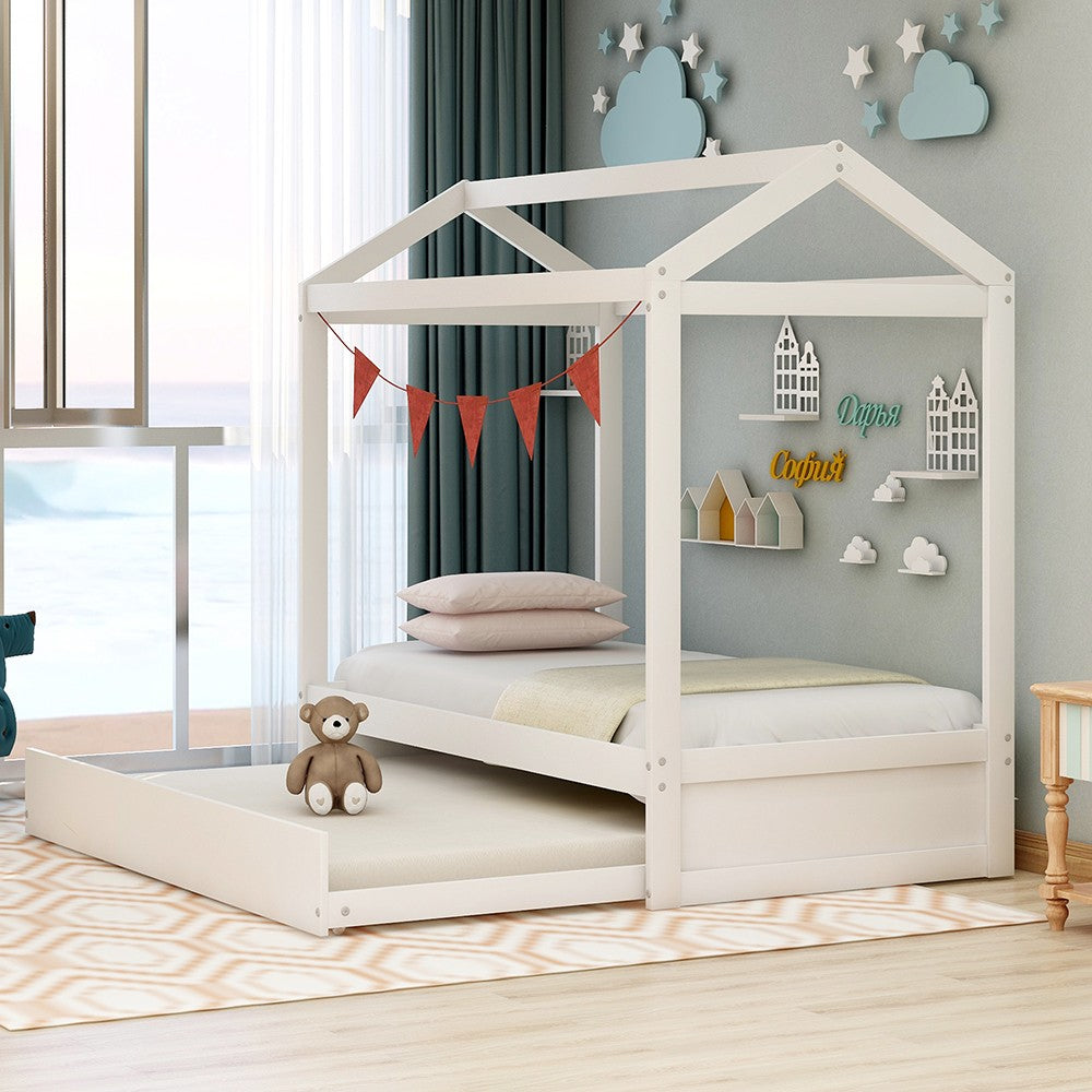 White Wood Twin Canopy Bed Frame with Trundle